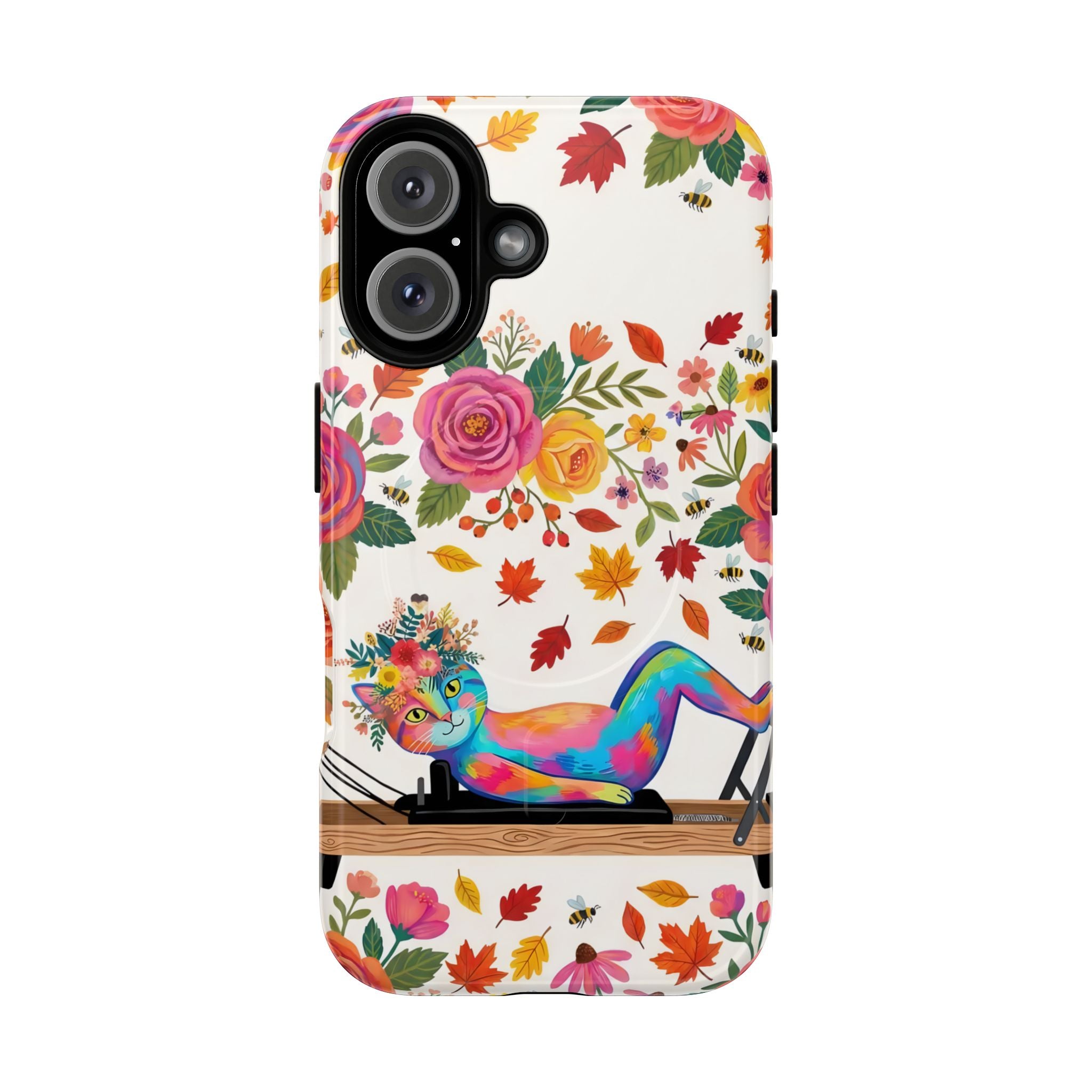 Autumn Floral Pilates MagSafe iPhone Case | Colorful Rainbow Pilates Cat on Falling Leaves