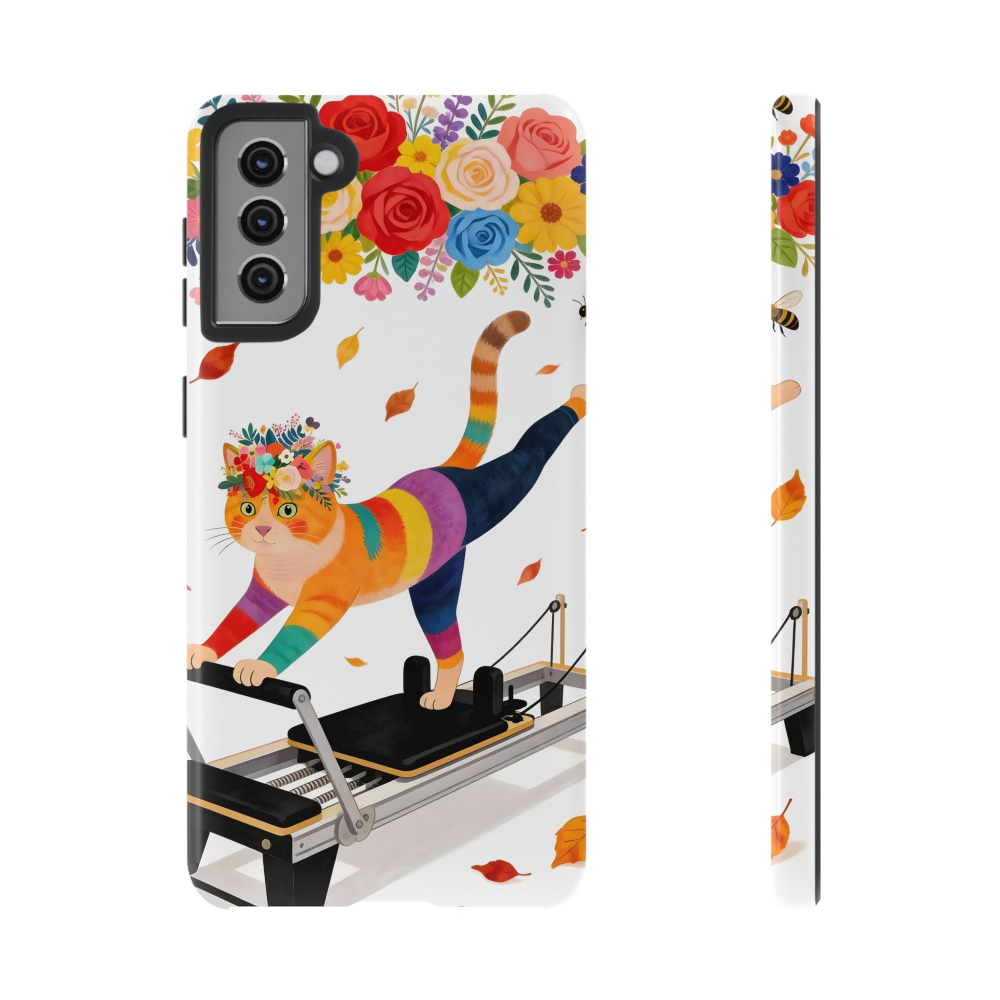 Cat Pilates Samsung Galaxy Phone Case | Floral Rainbow Cat on Reformer