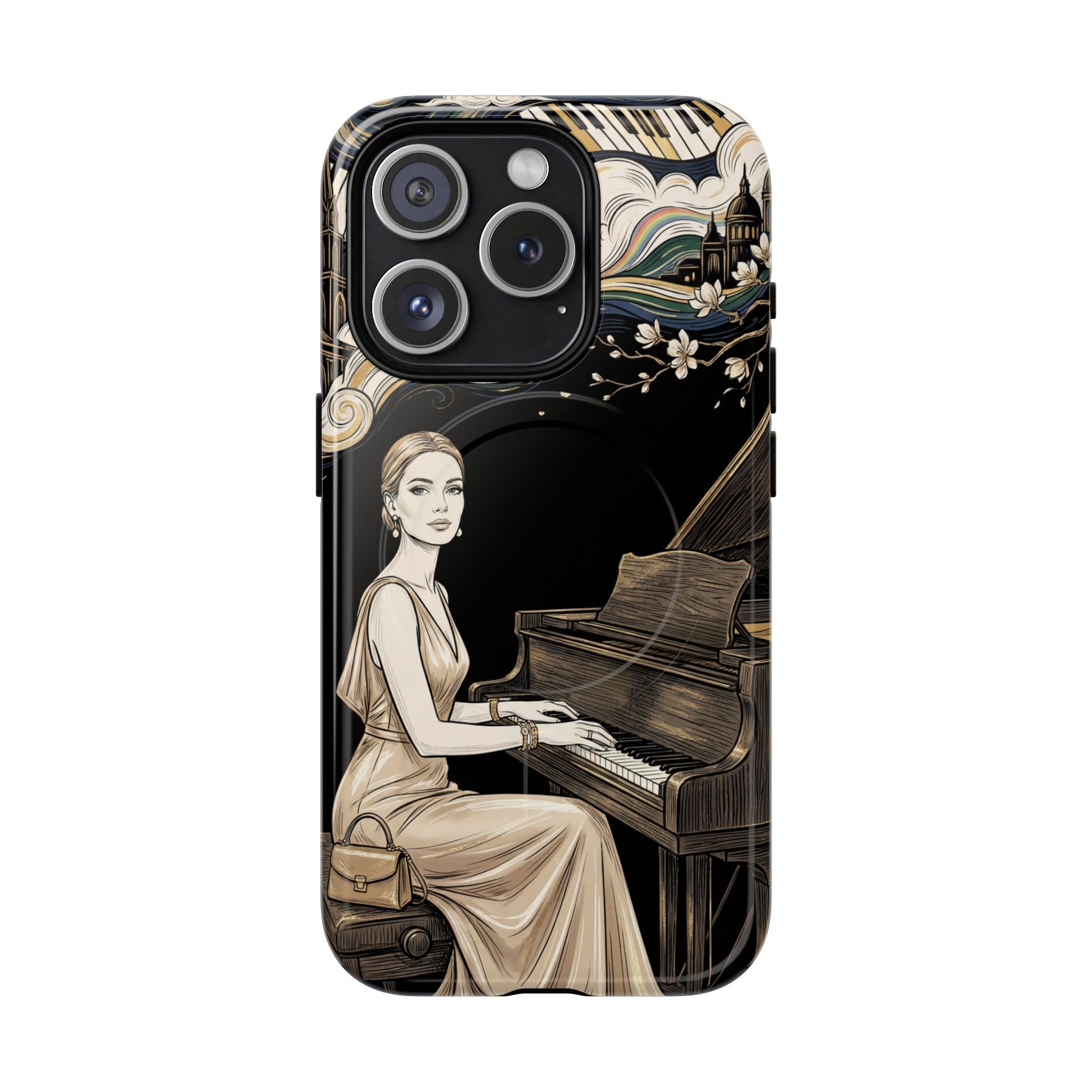 Elegant Piano Woman MagSafe iPhone Case | Vintage Art Deco Music Design