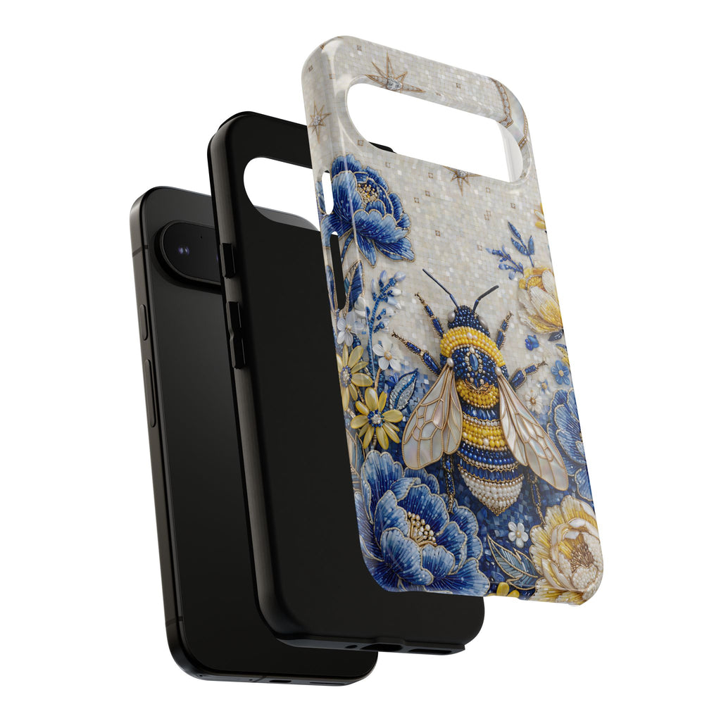 Custodia per telefono Google Pixel "Ape floreale" resistente | Design a giardino lunare blu e giallo