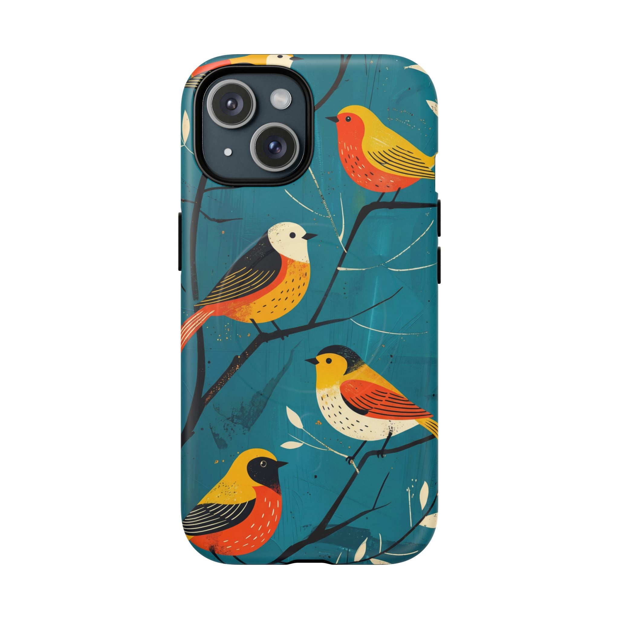 Bird Pattern Tough MagSafe iPhone Case | Colourful Songbirds on Teal Background
