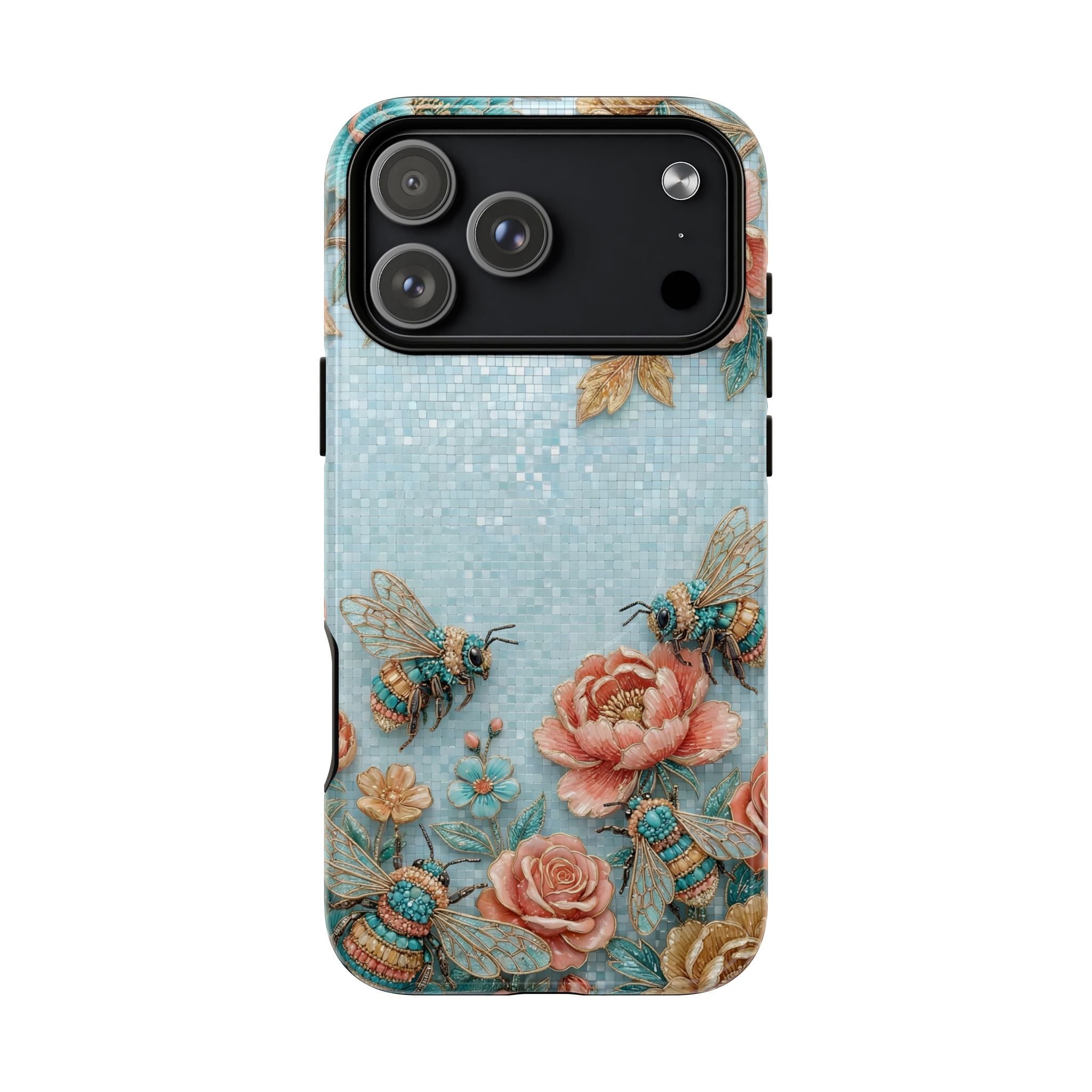Floral Bees MagSafe iPhone Case | Vintage Rose & Turquoise Protective Cover