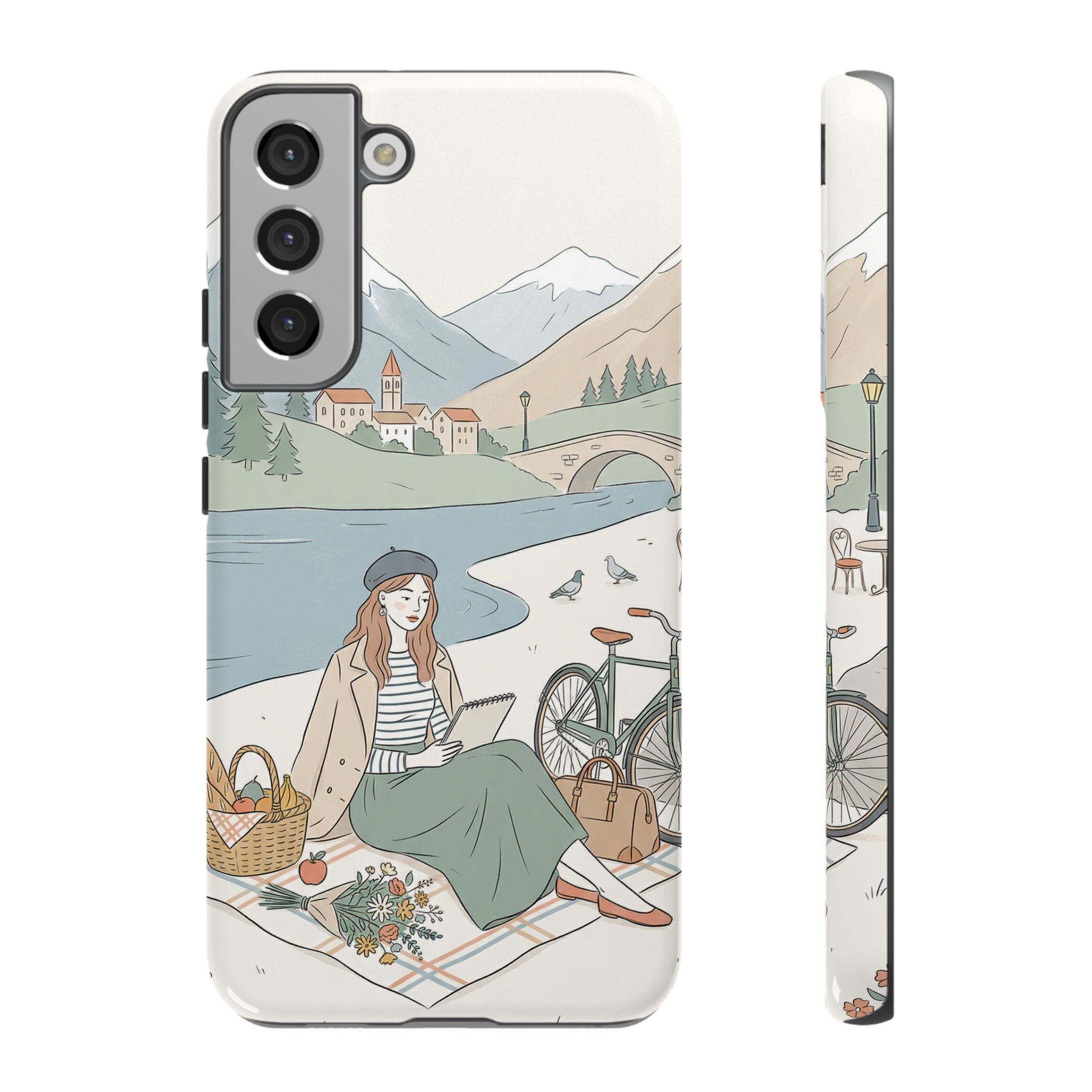 Scenic Picnic Samsung Galaxy Phone Case | Vintage Bicycle & Mountain Illustration
