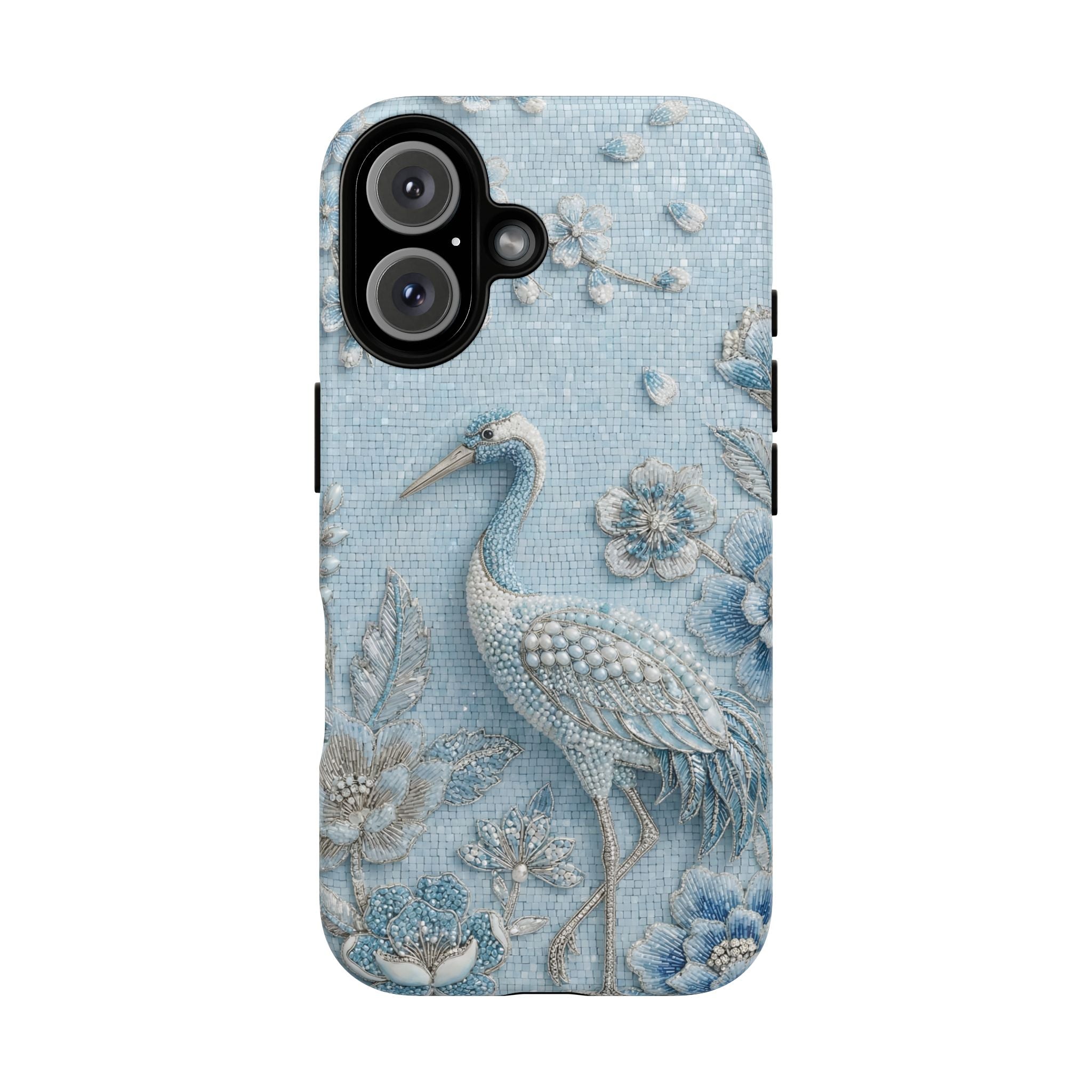 Blue Crane Floral MagSafe iPhone Case | Vintage Embossed Bird Design