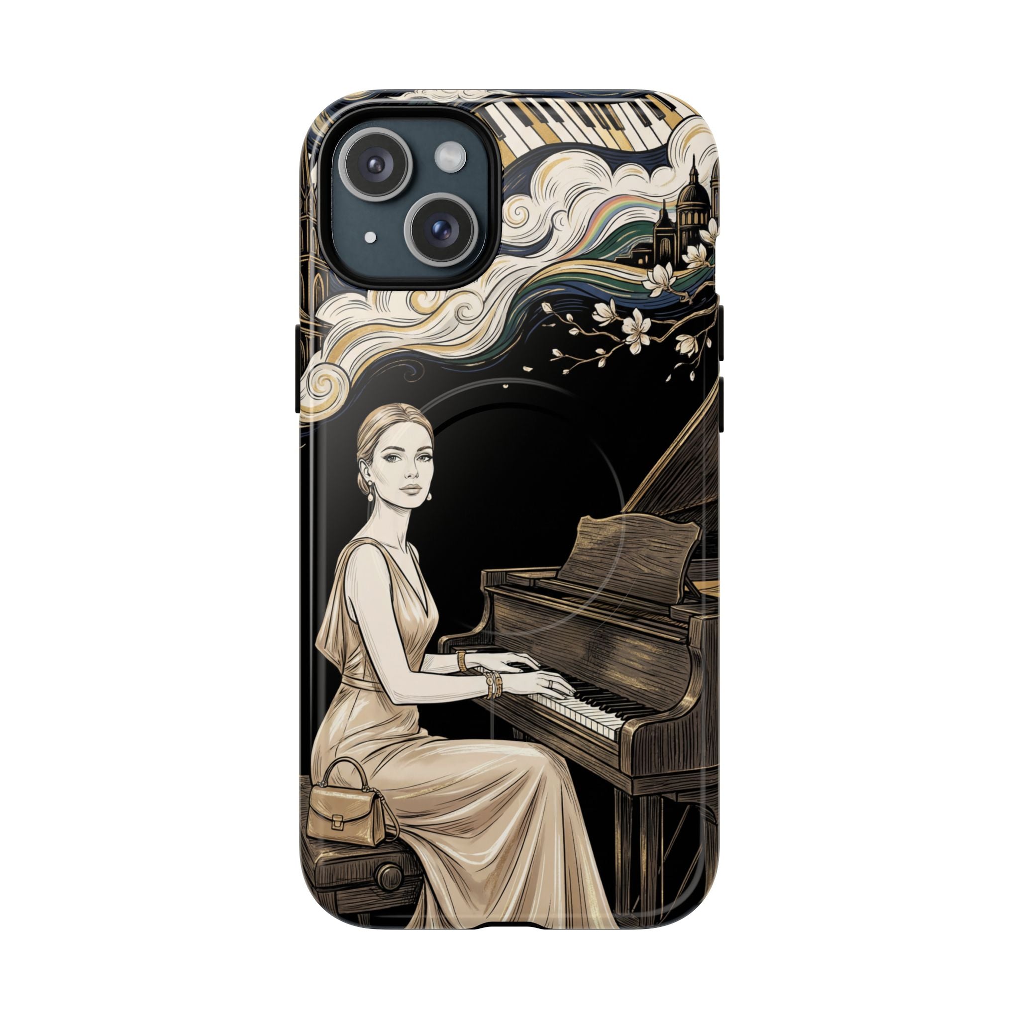 Elegant Piano Woman MagSafe iPhone Case | Vintage Art Deco Music Design