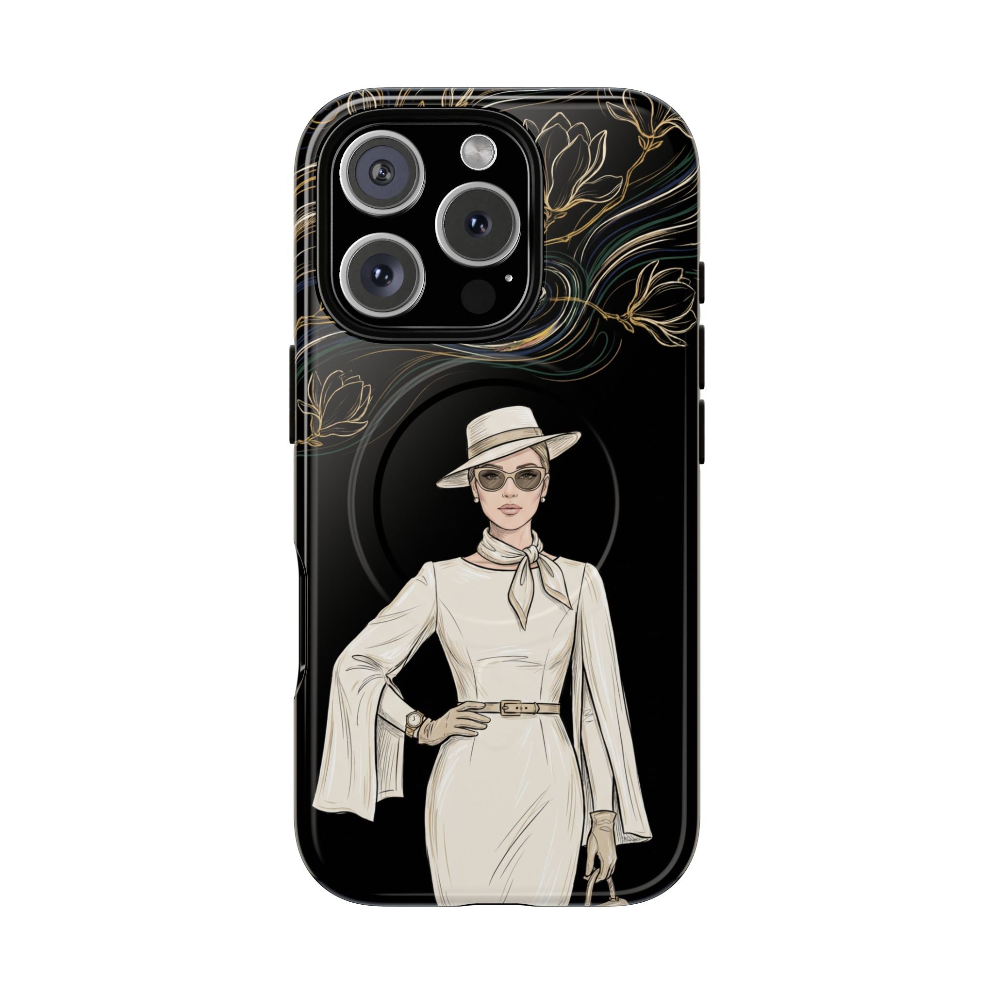 MagSafe iPhone Case | Elegant Vintage Lady with Gold Floral Swirls