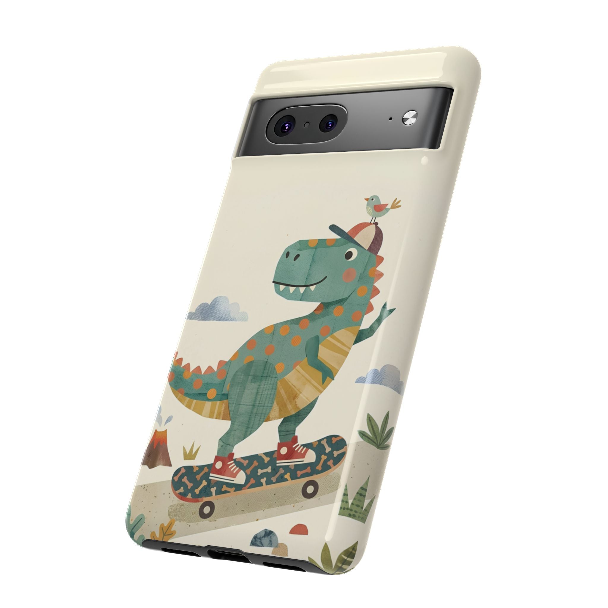 Cute Skateboarding Dinosaur Tough Google Pixel Phone Case | Vintage Kid Aesthetic T Rex Cover