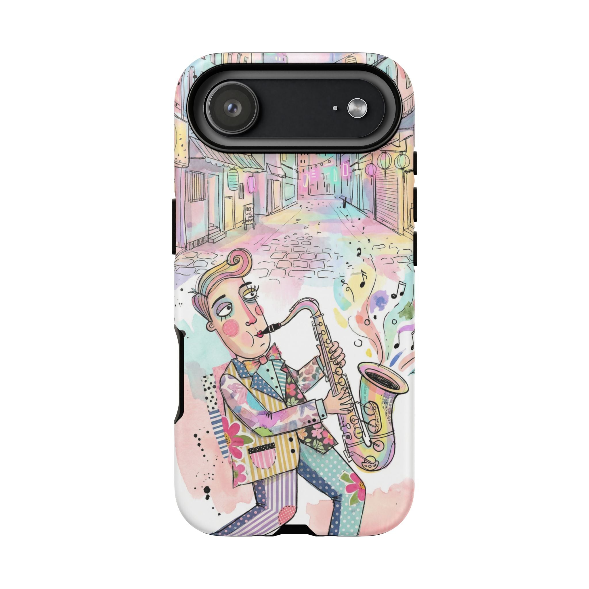 Sax Player Art iPhone Case | Pastel Jazz Street Illustration