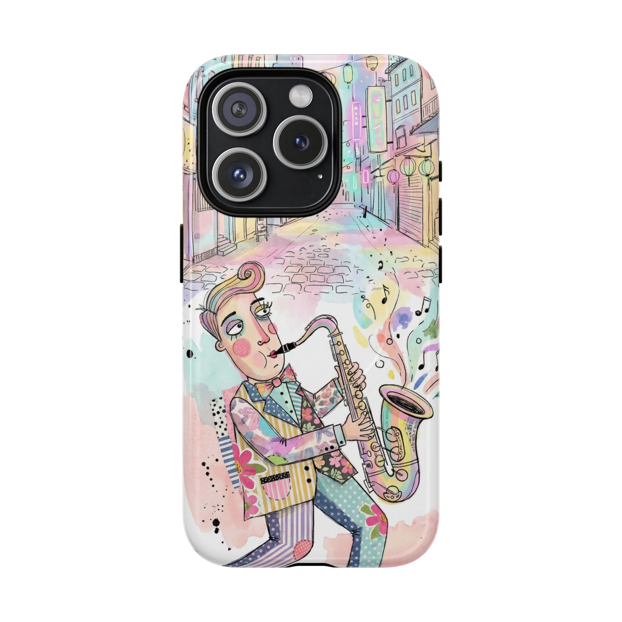 Sax Player Art MagSafe iPhone Case | Pastel Jazz Street Illustration