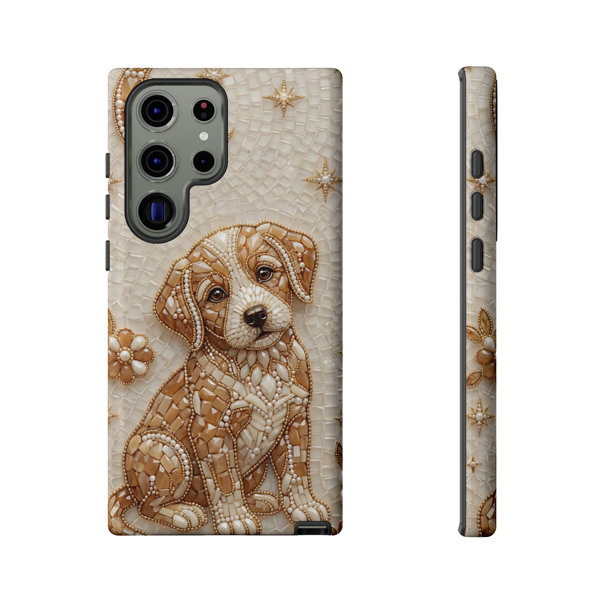 Cute Mosaic Puppy Samsung Galaxy Phone Case — Protective Phone Cover with Brown Puppy Art