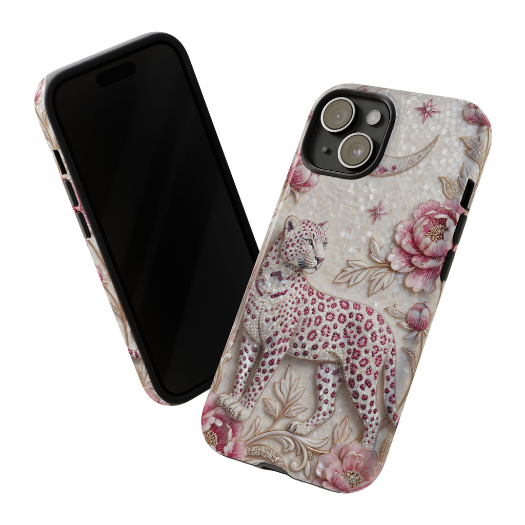 Cover iPhone "Luna Leopardata Floreale" | Custodia Protettiva Botanica Vintage Rosa