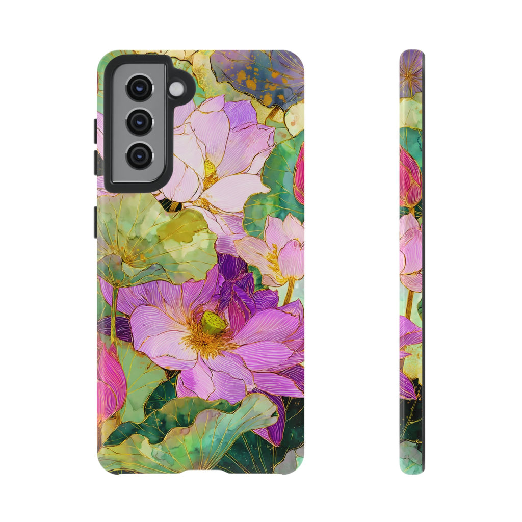 Custodia Protettiva Resistente per Telefono Samsung Galaxy con Acquerello Floreale | Cover Protettiva Giardino di Loto Rosa