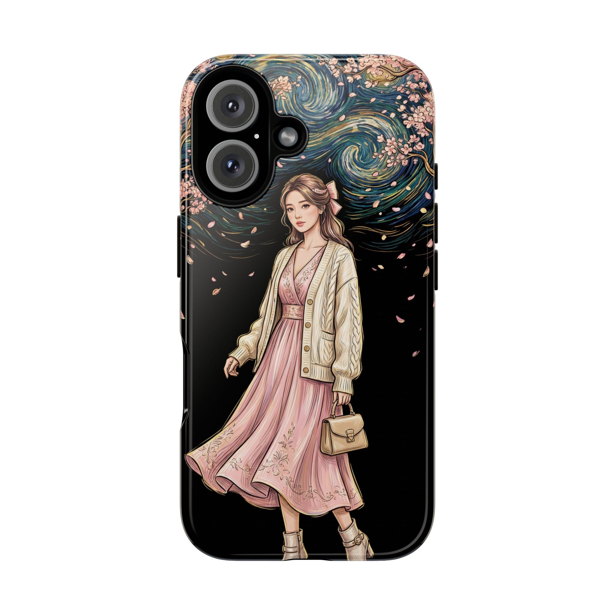 Floral Starry Night iPhone Case | Elegant Girl in Pink Dress