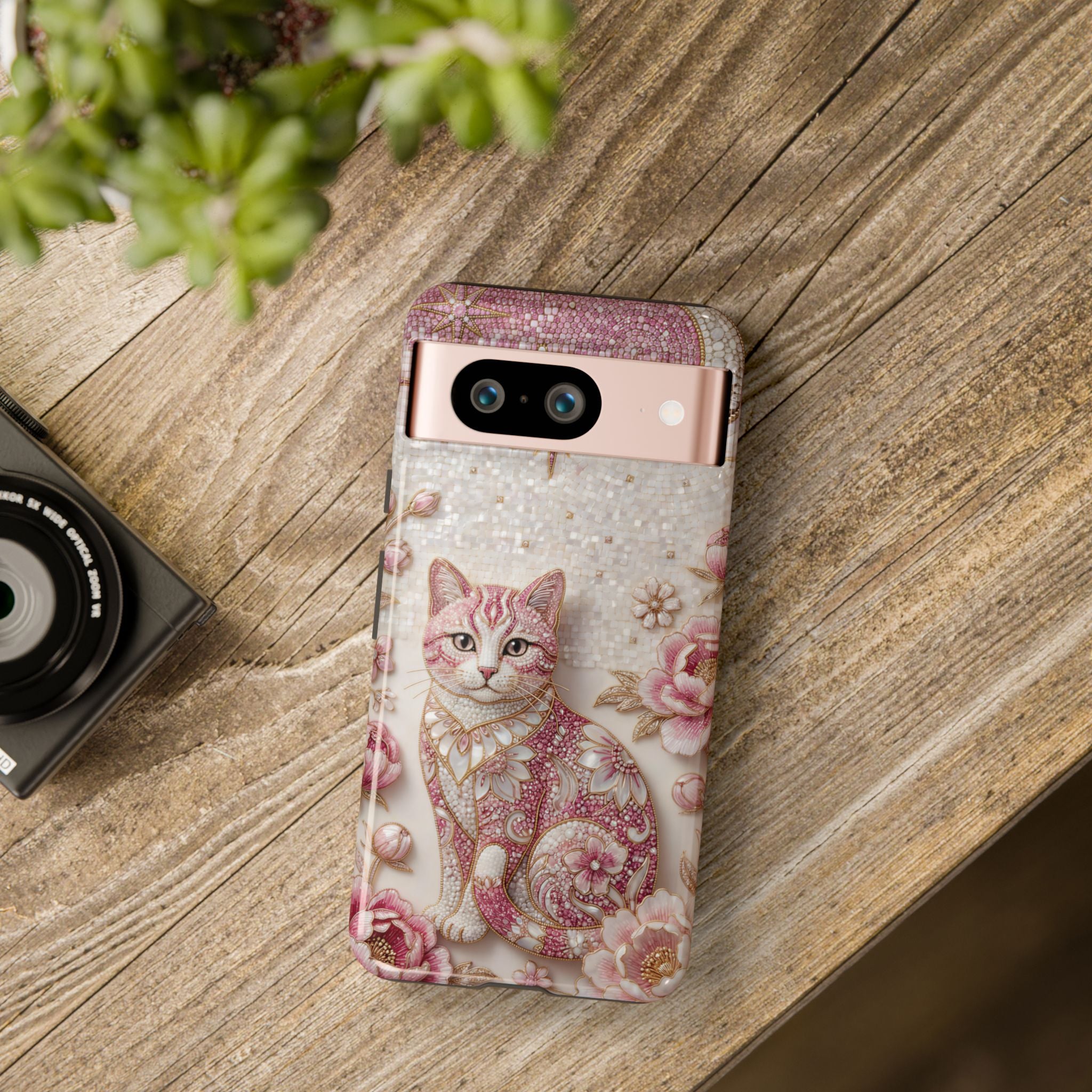 Cover per cellulare Google Pixel con gatto floreale vintage | Cover per telefono con luna rosa e rose
