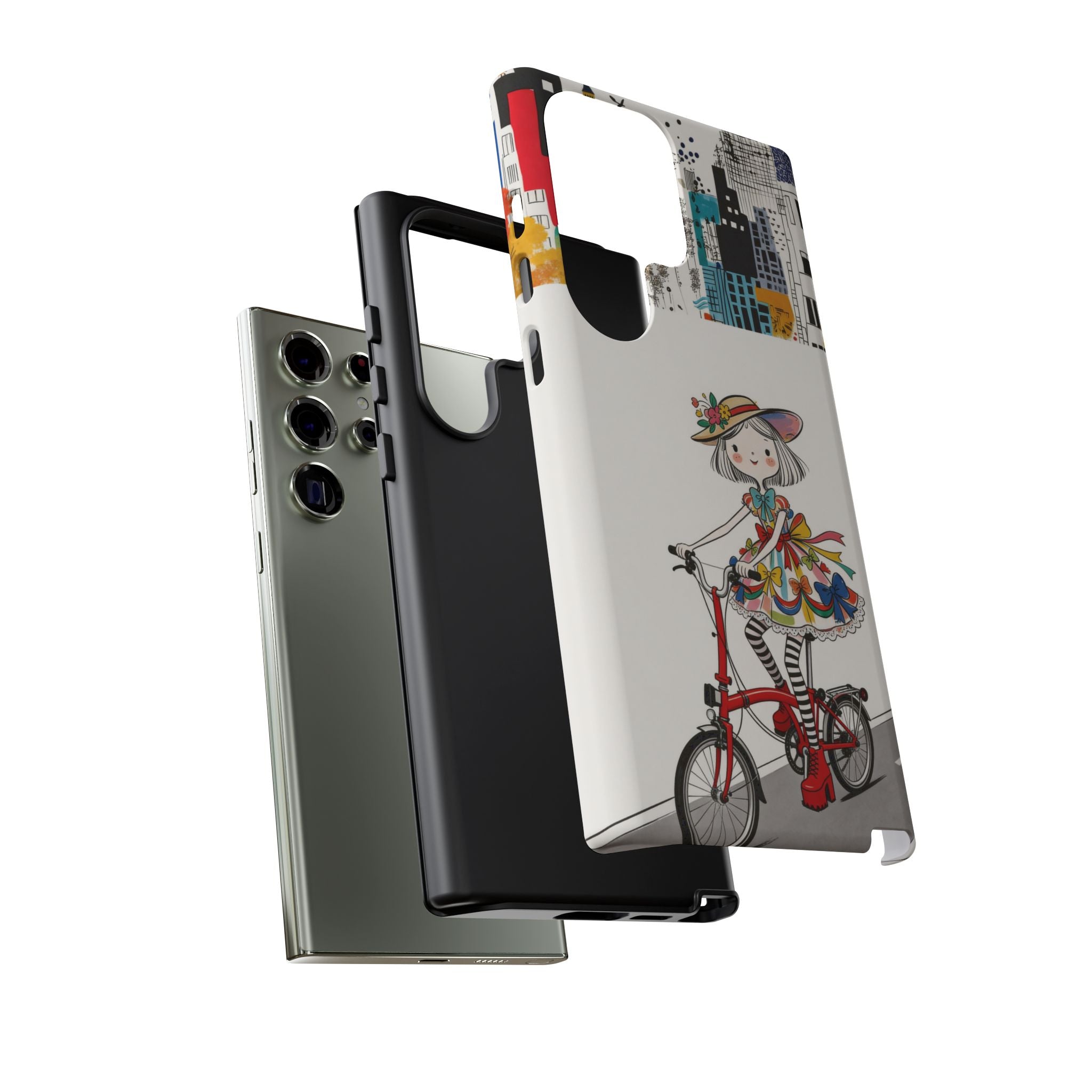 Whimsical Girl on Brompton Bicycle Urban Illustration Samsung Galaxy Phone Case