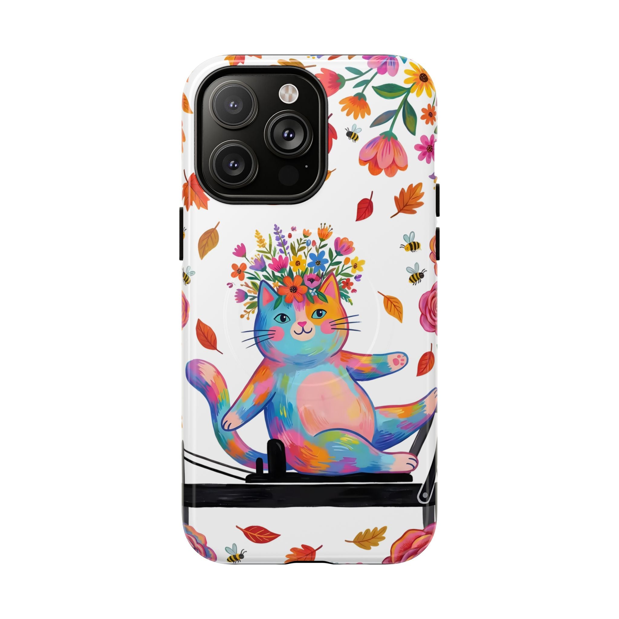Colorful Floral Cat on Pilates Reformer Protective MagSafe iPhone Case