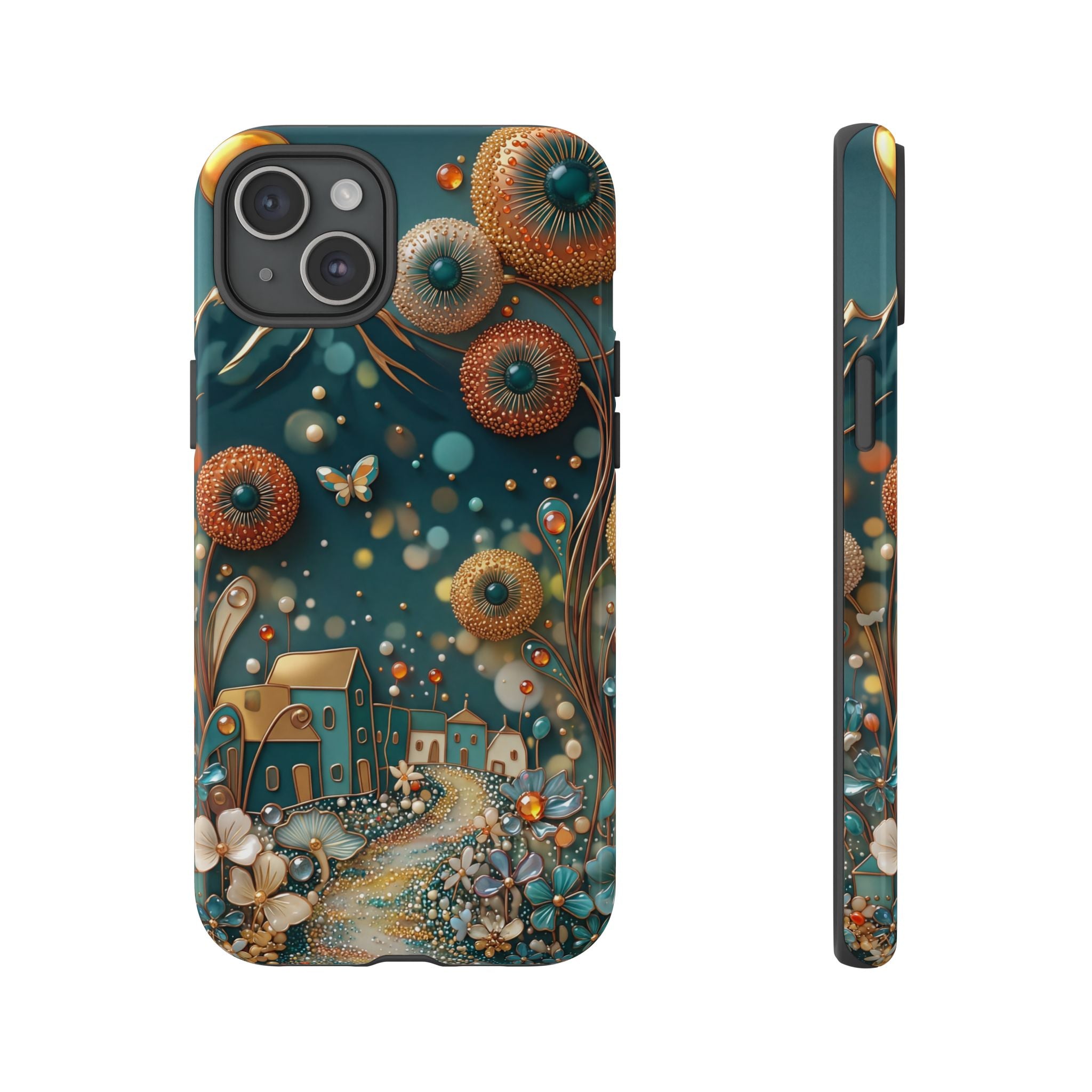 Whimsical Night Village iPhone Case | Floral Moonlit Art Tough Case
