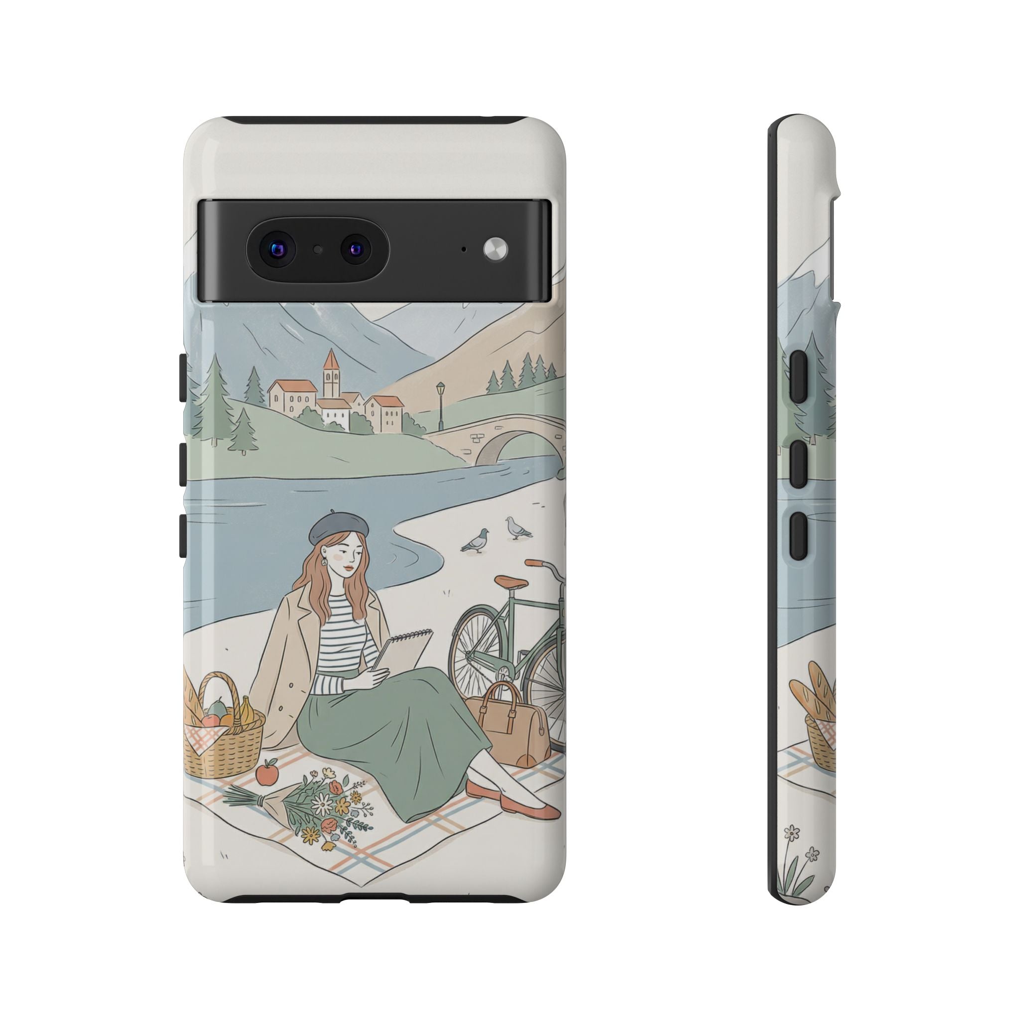 Scenic Picnic Google Pixel Phone Case | Vintage Bicycle & Mountain Illustration