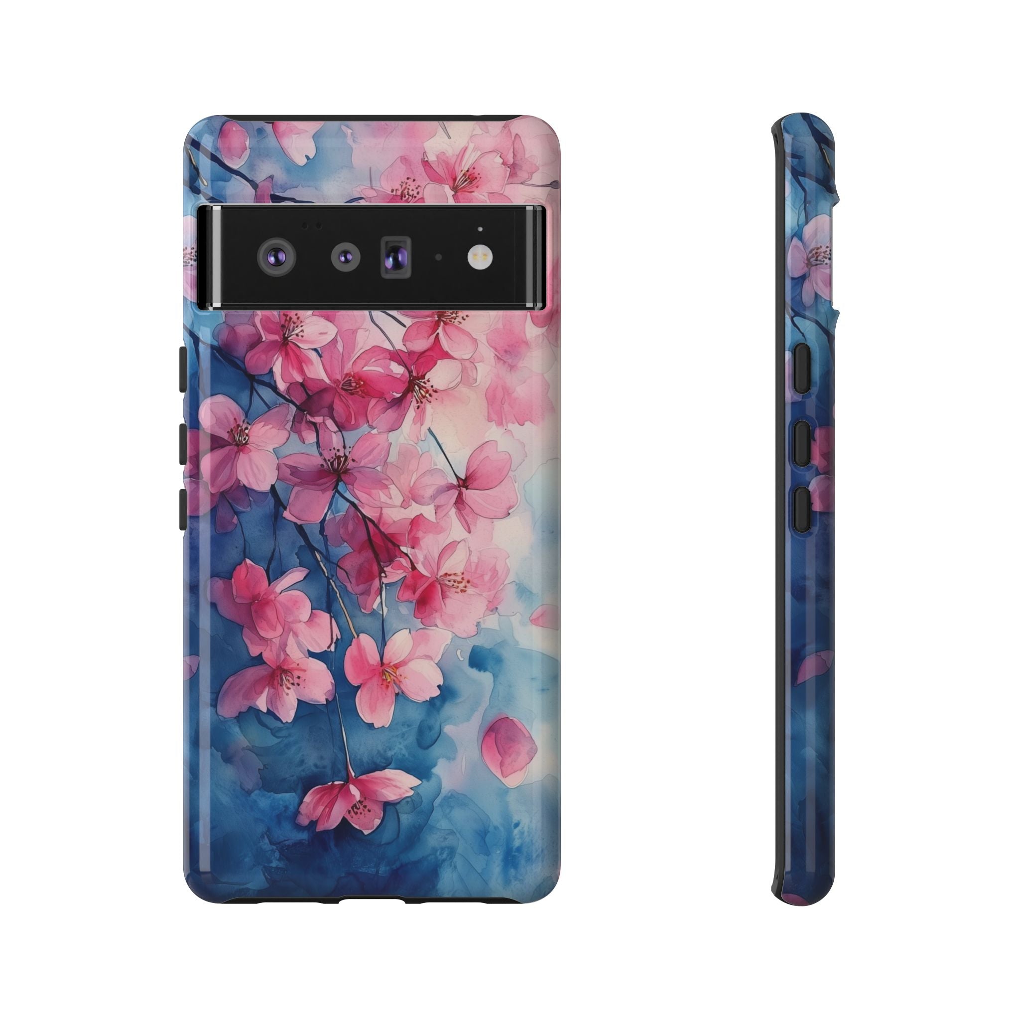 Floral Cherry Blossom Google Pixel Case | Pink Blue Watercolour