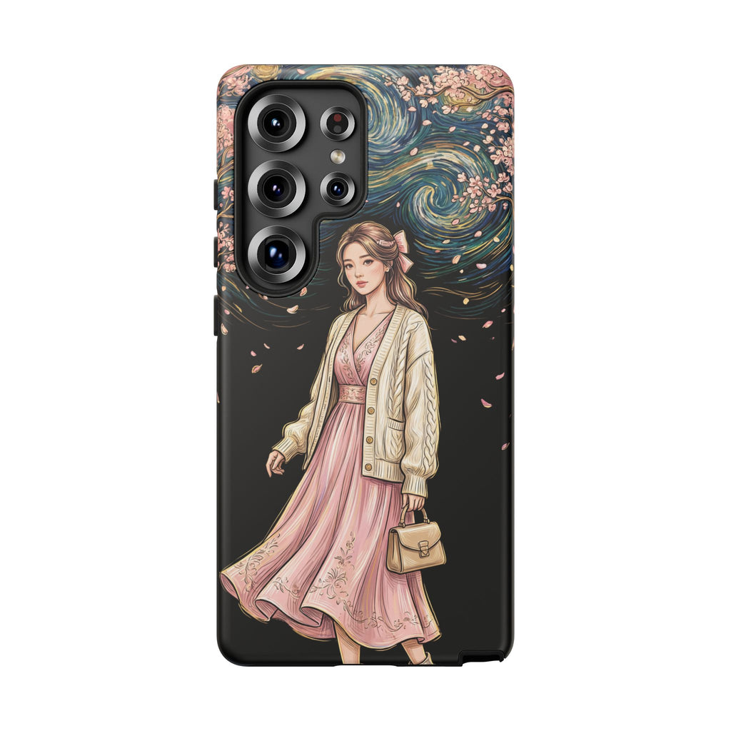 Floral Starry Night Samsung Galaxy Phone Case | Elegant Girl in Pink Dress