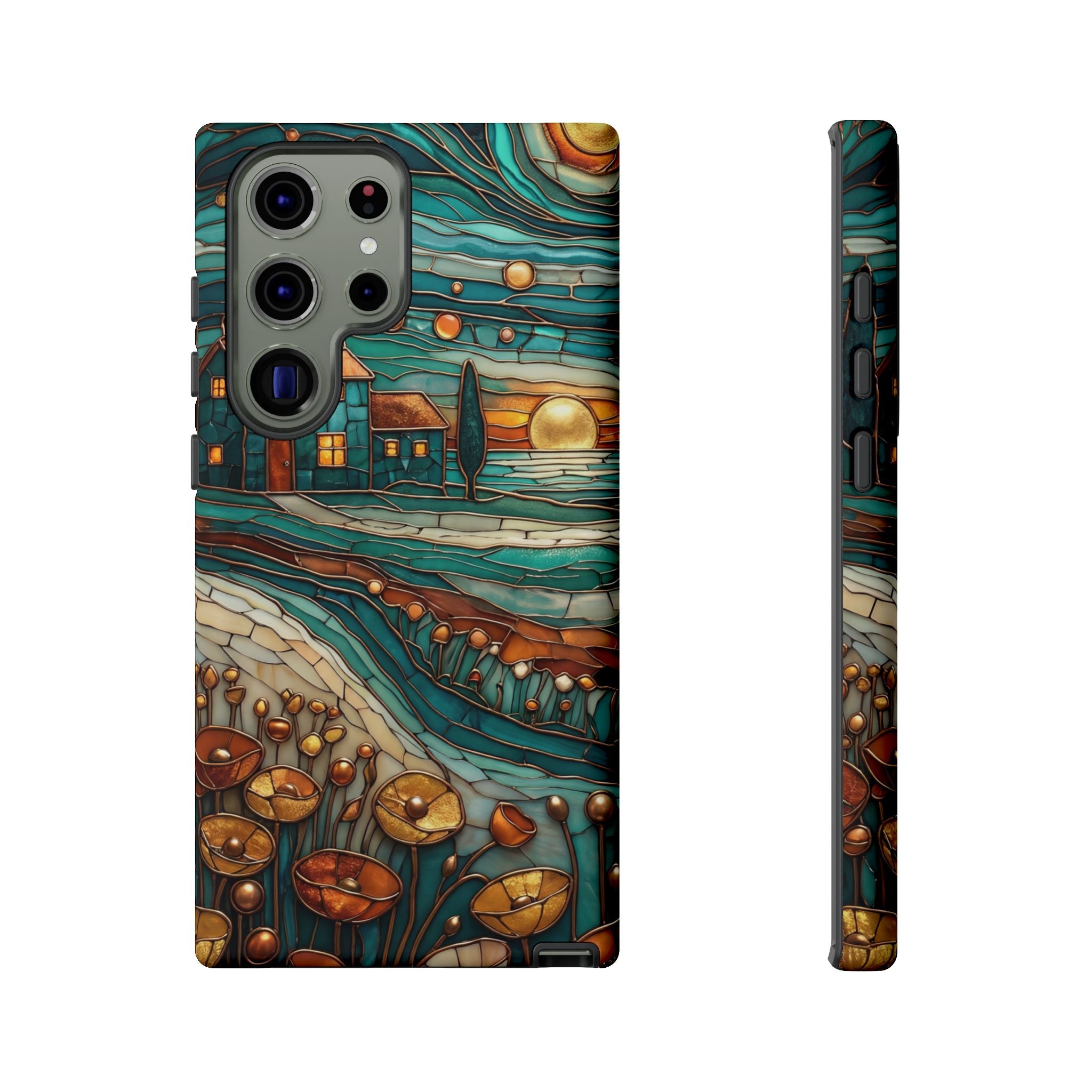 Artistic Sunset Cottage Samsung Galaxy Case | Whimsical Floral Landscape Protective Cover