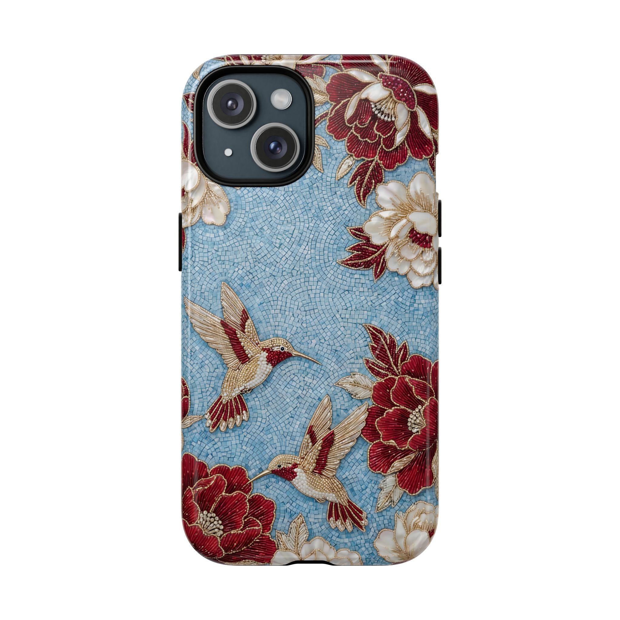 Floral Hummingbird Tough MagSafe iPhone Case | Vintage Blue & Burgundy Botanical Design