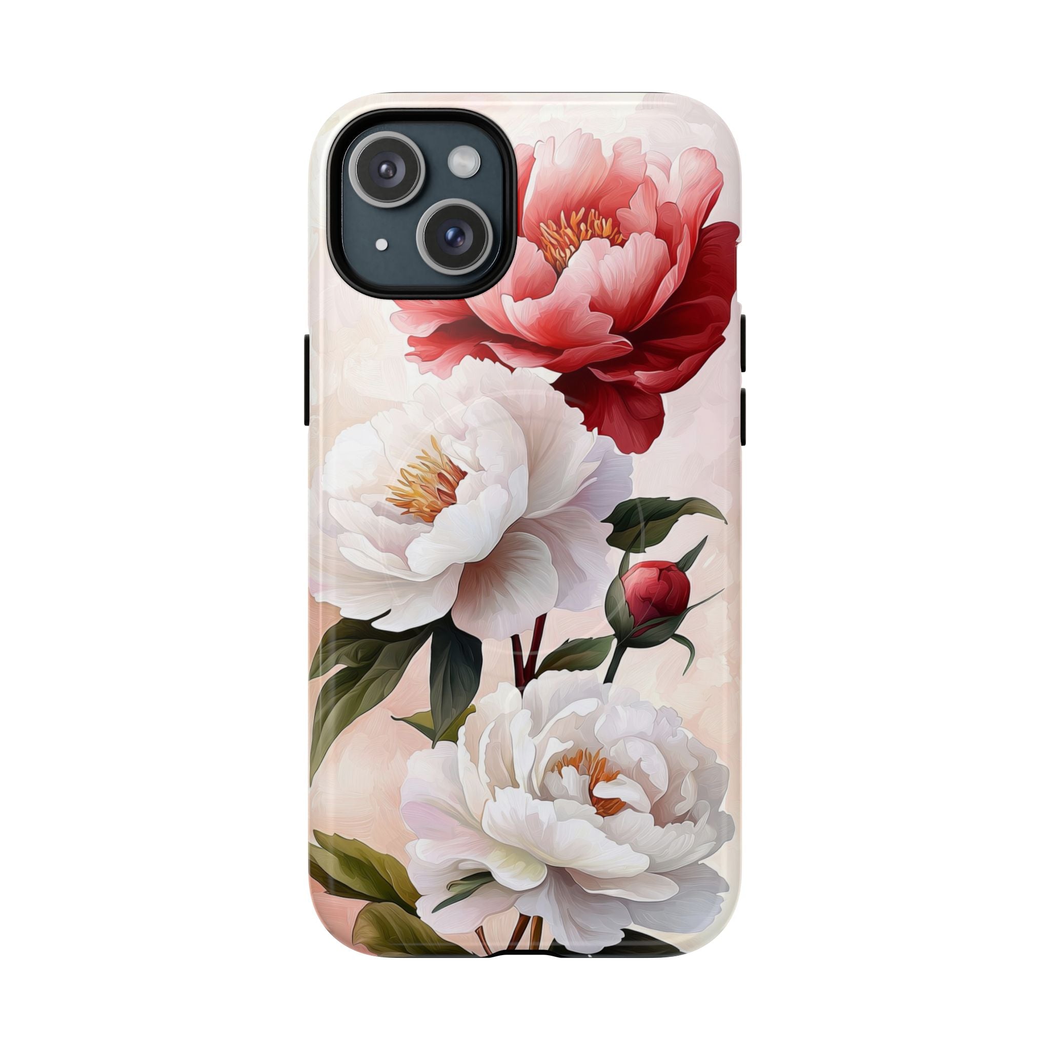 Custodia MagSafe per iPhone resistente con motivo floreale Peony | Design vintage con rose
