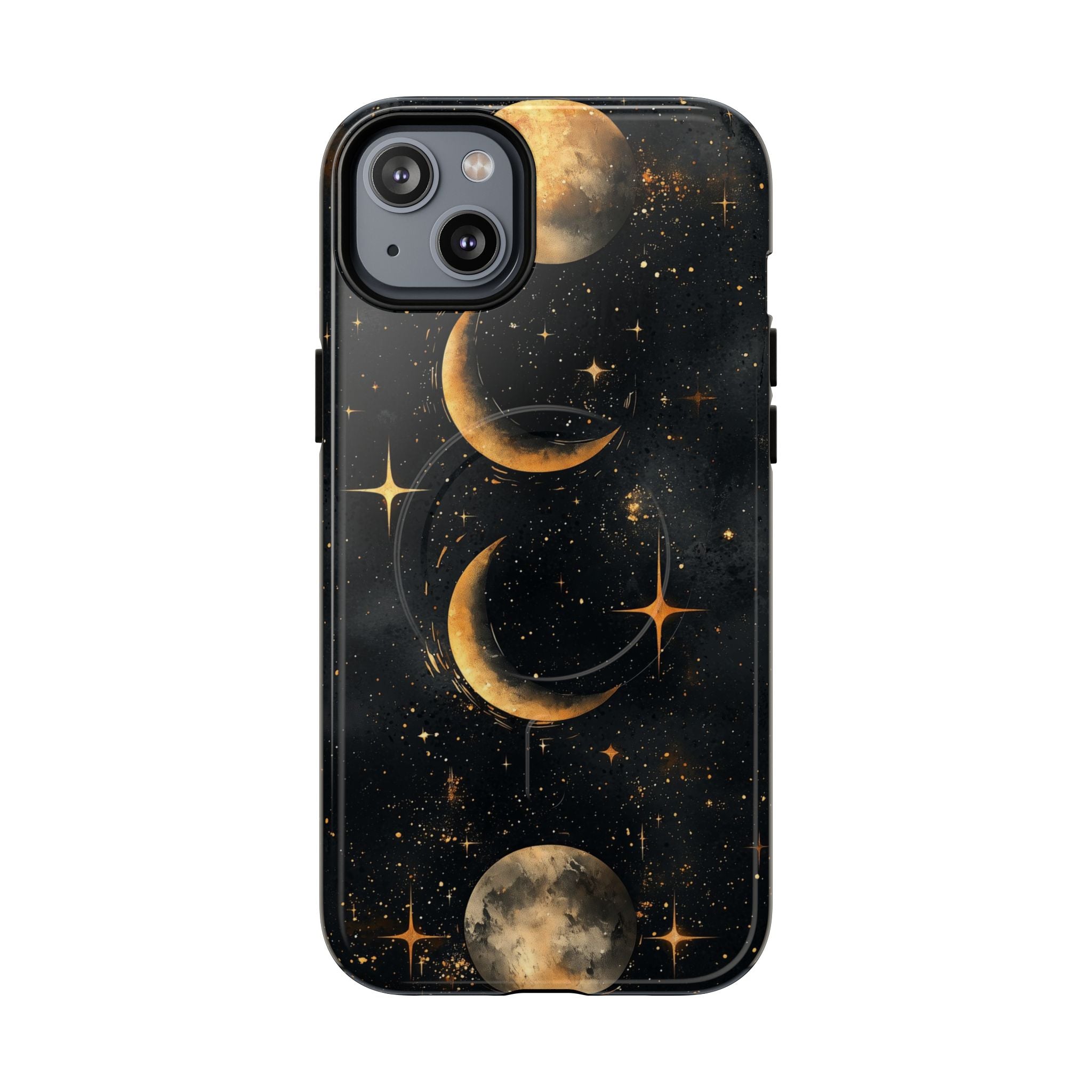 Custodia rigida MagSafe per iPhone con fasi lunari celestiali | Design a forma di galassia con mezzaluna dorata e luna piena
