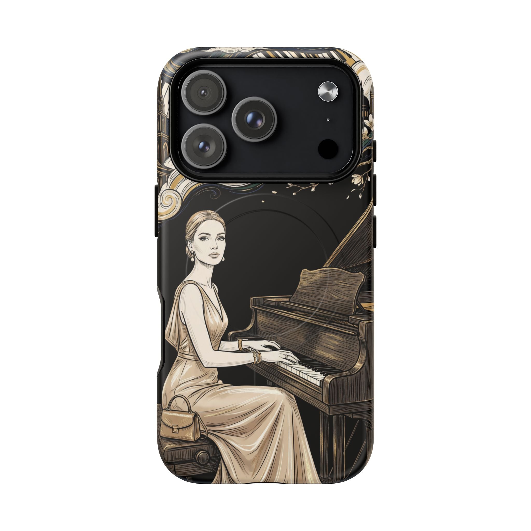 Elegant Piano Woman MagSafe iPhone Case | Vintage Art Deco Music Design