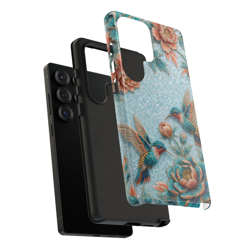 Cover per Samsung Galaxy in robusto materiale, fantasia colibrì e fiori | Design vintage giardino blu