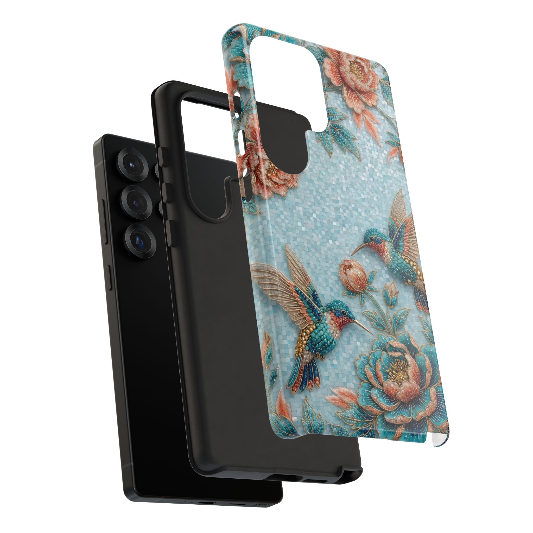 Cover per Samsung Galaxy in robusto materiale, fantasia colibrì e fiori | Design vintage giardino blu