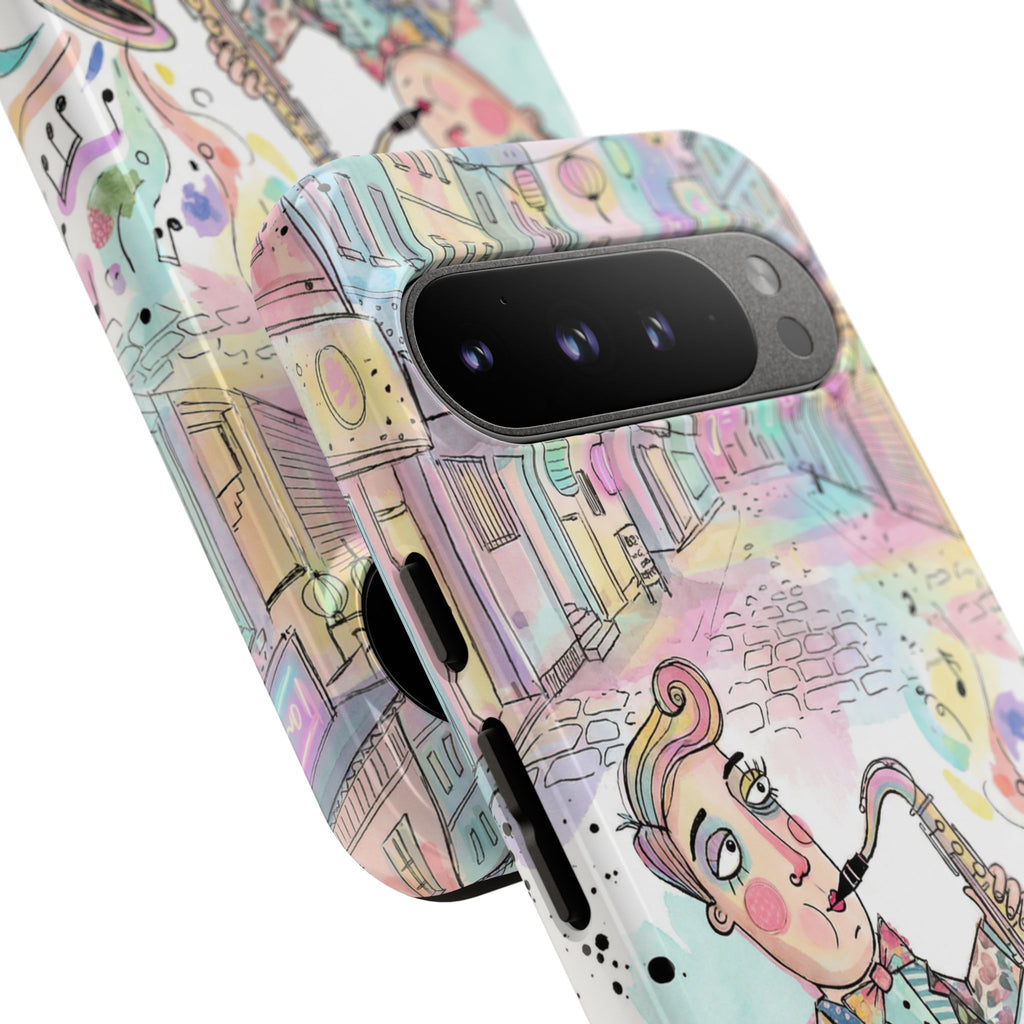 Custodia per telefono Google Pixel "Sax Player Art" | Illustrazione Jazz Stradale Pastello