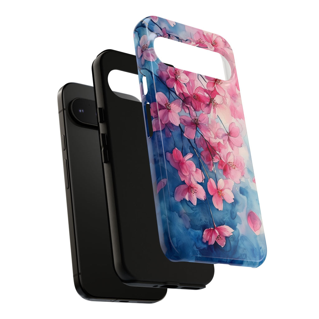 Floral Cherry Blossom Google Pixel Case | Pink Blue Watercolour