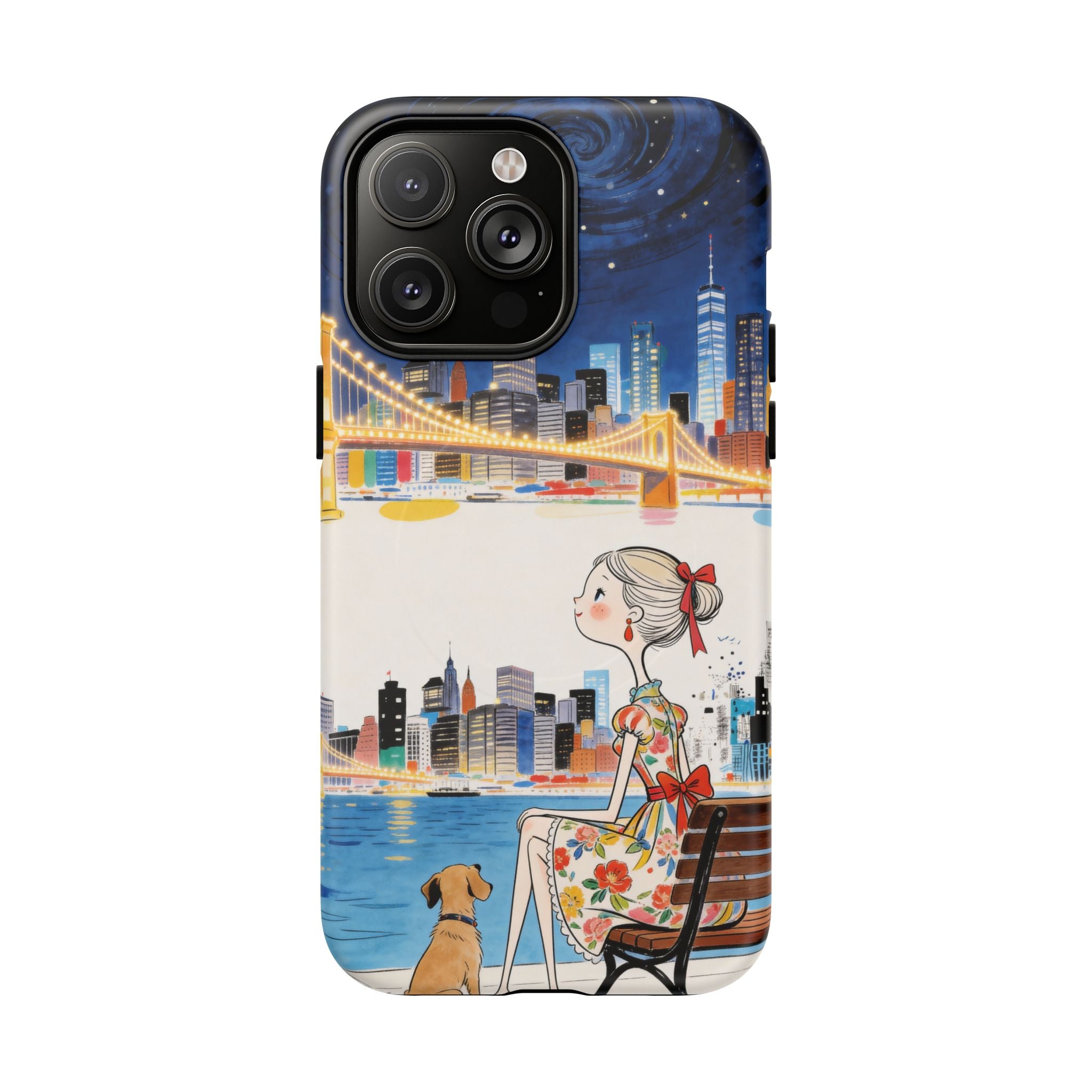 City Night MagSafe iPhone Case | Cute Girl & Dog Bench Illustration