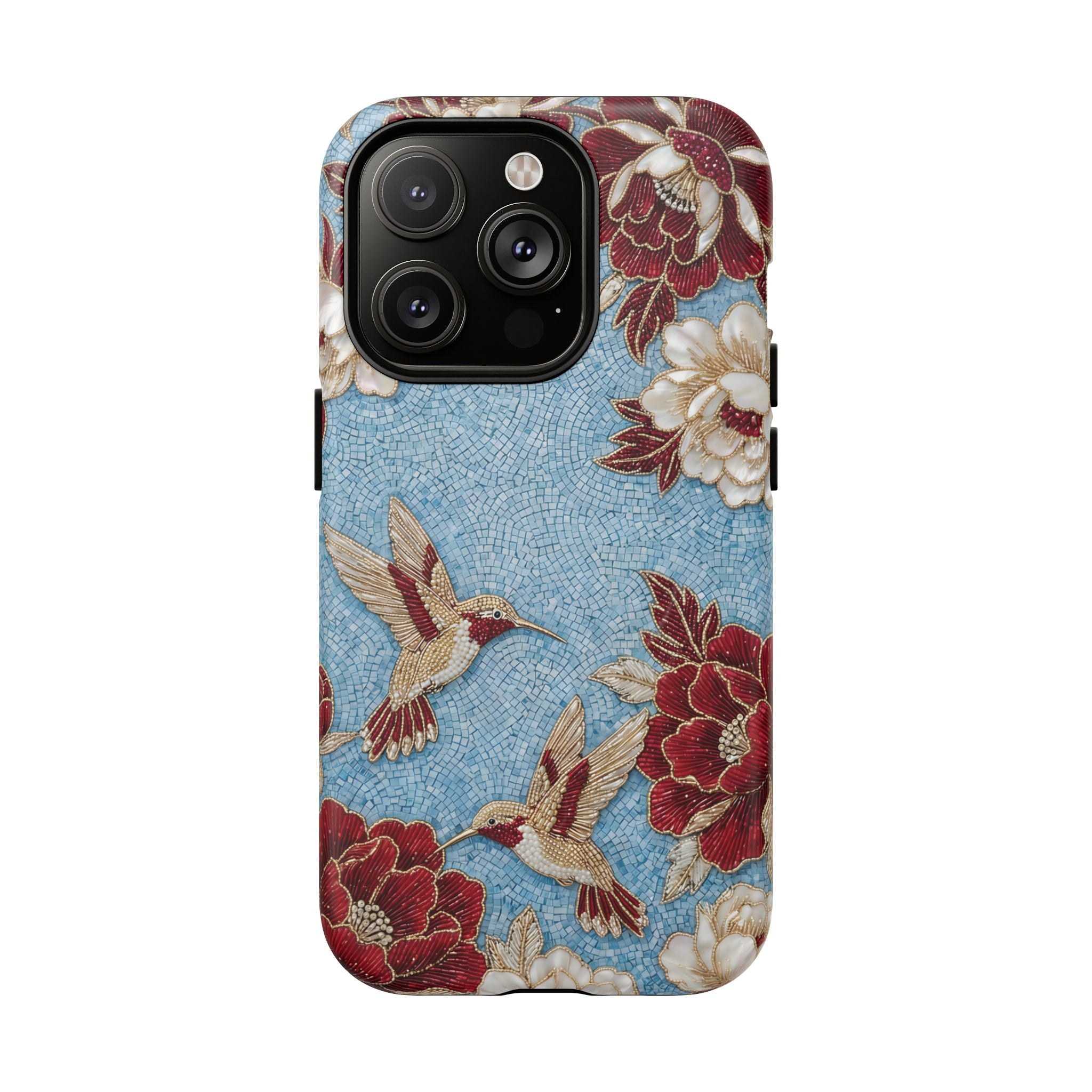 Floral Hummingbird Tough MagSafe iPhone Case | Vintage Blue & Burgundy Botanical Design