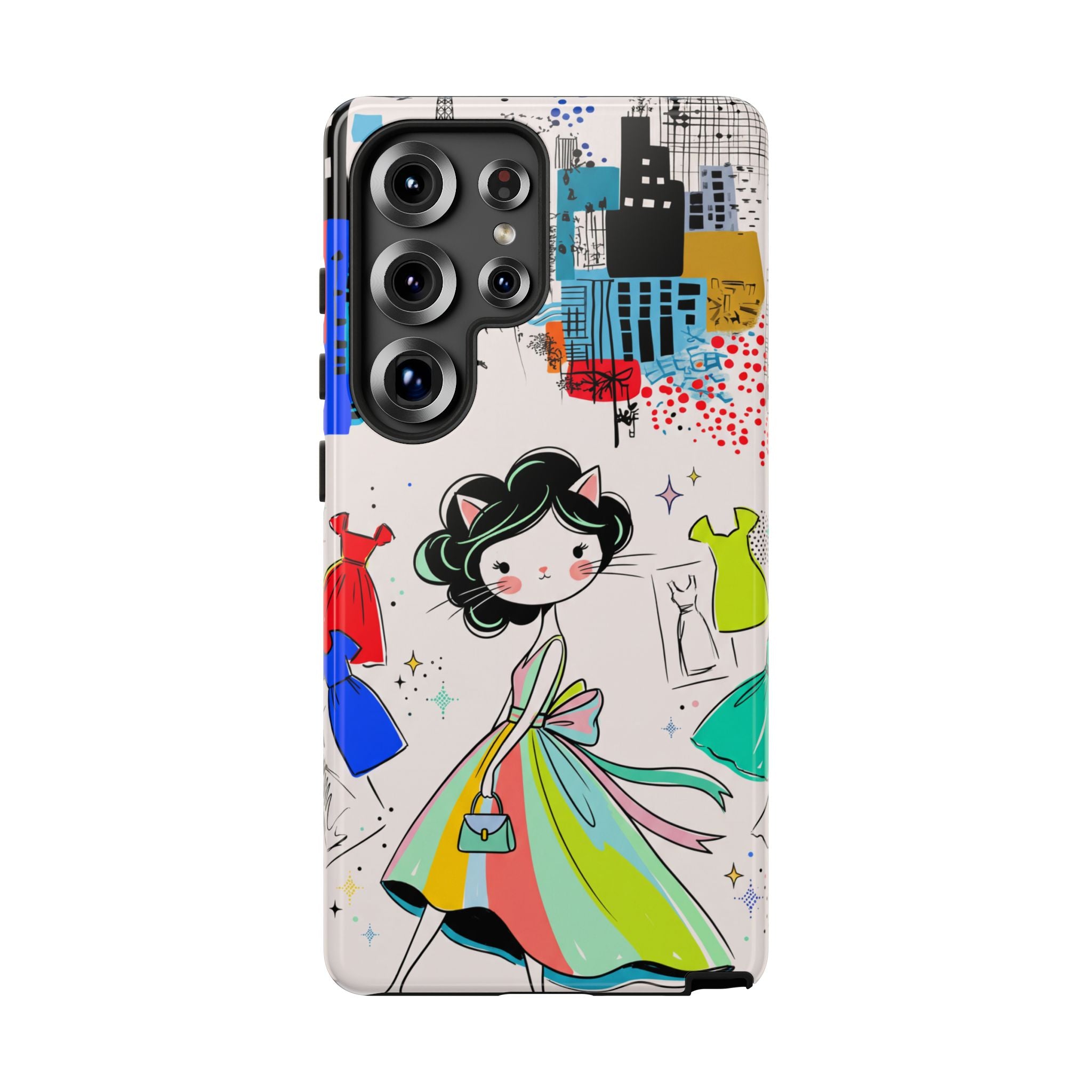 Retro Fashion Cat Girl Samsung Galaxy Phone Case | Cute Dress & City Print