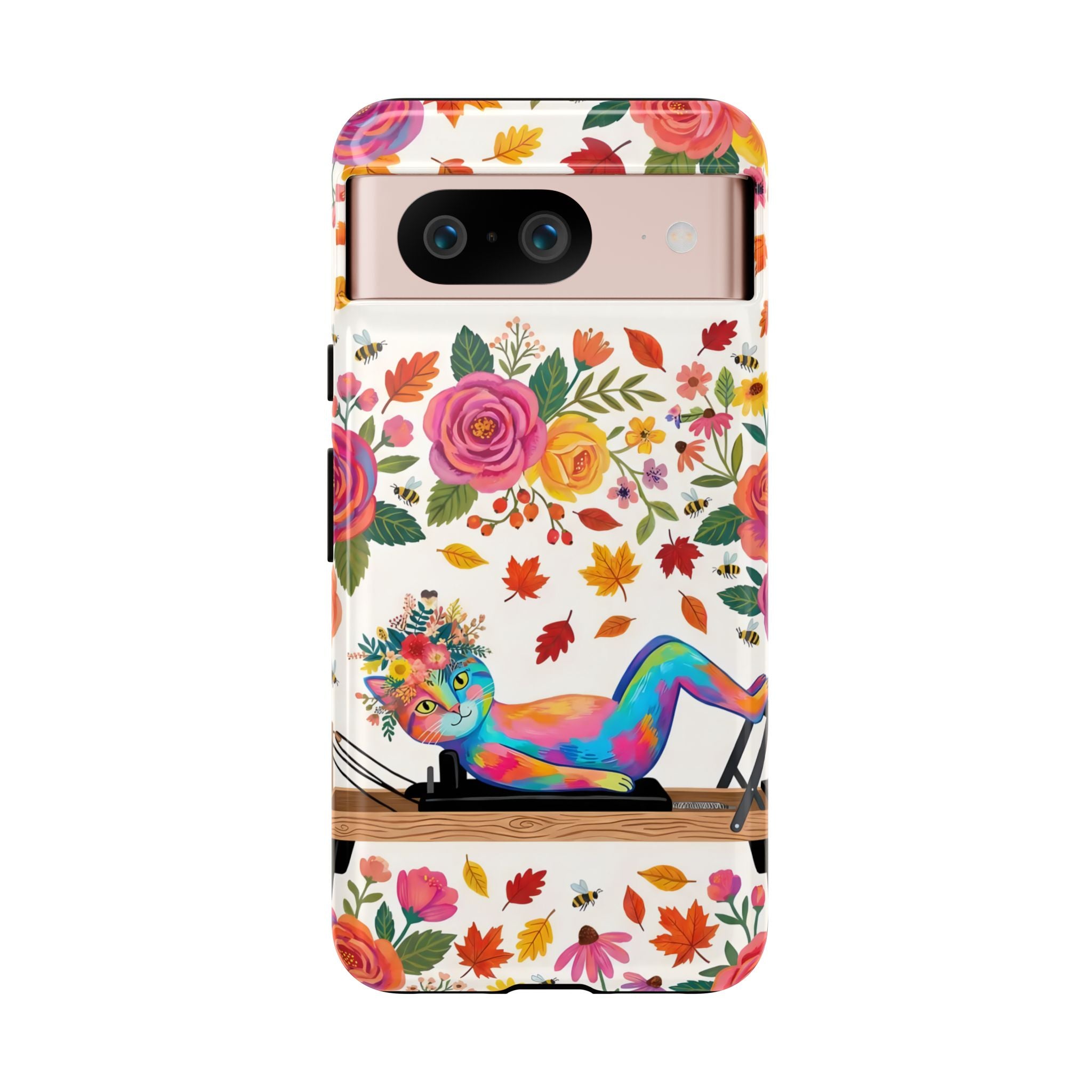 Autumn Floral Pilates Google Pixel Phone Case | Colorful Rainbow Pilates Cat on Falling Leaves