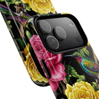 Floral Hummingbird Tough MagSafe iPhone Case | Vibrant Rose & Yellow Garden Protection