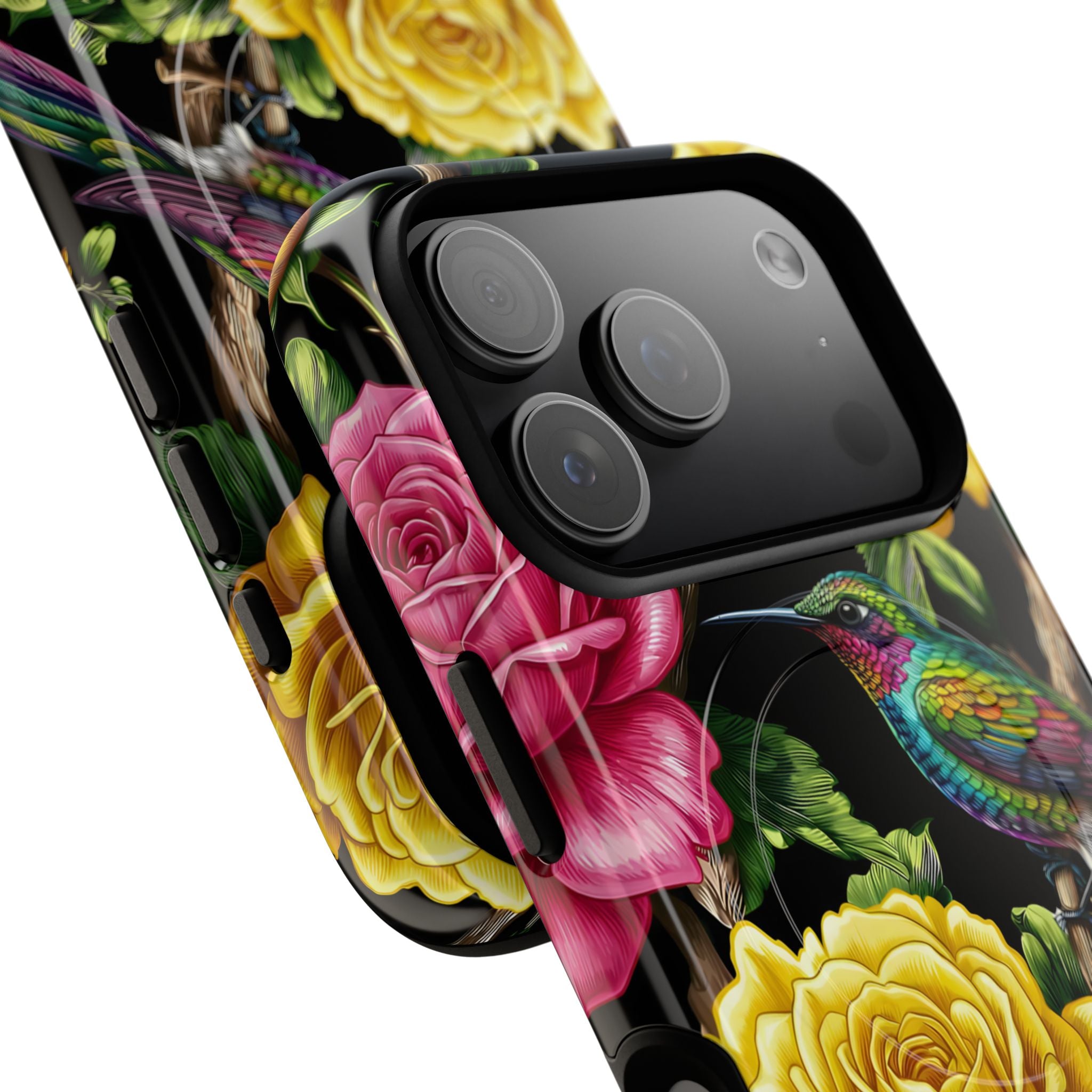 Floral Hummingbird Tough MagSafe iPhone Case | Vibrant Rose & Yellow Garden Protection