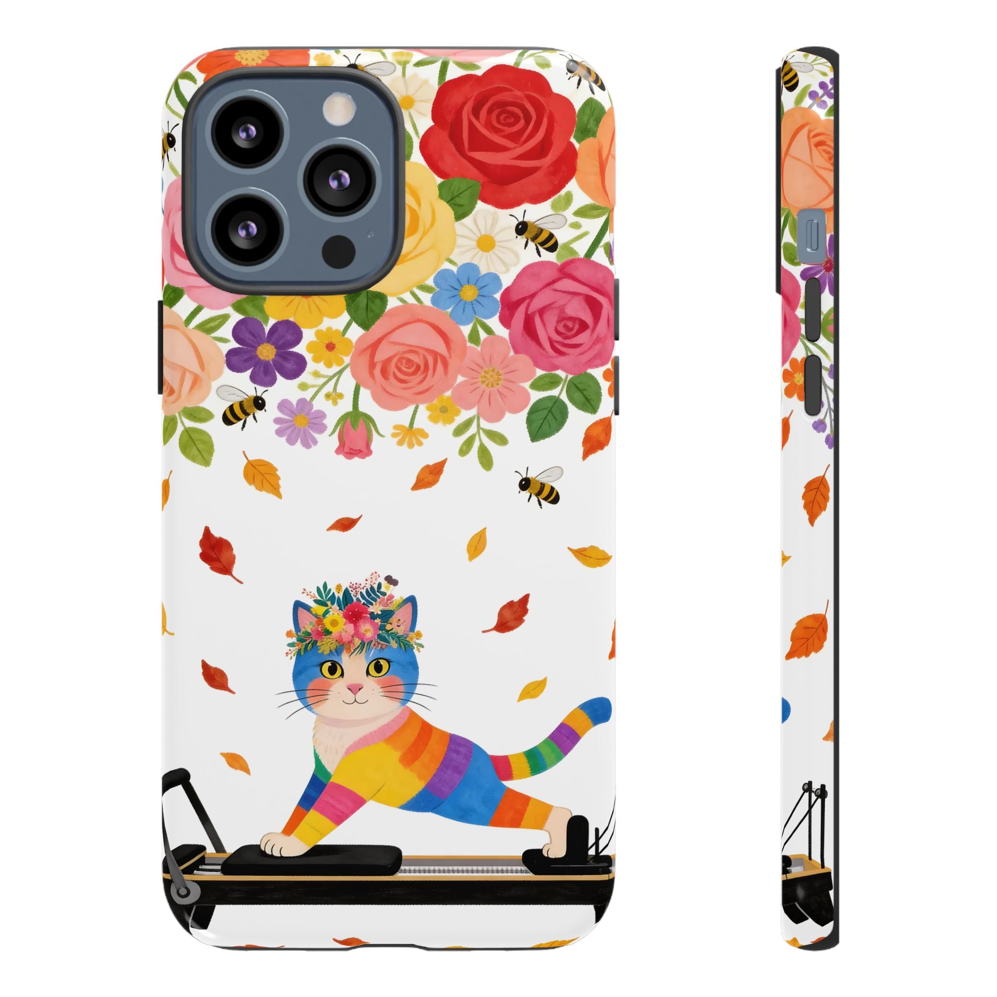Floral Rainbow Cat Tough iPhone Case — Colorful Pilates Cat Design