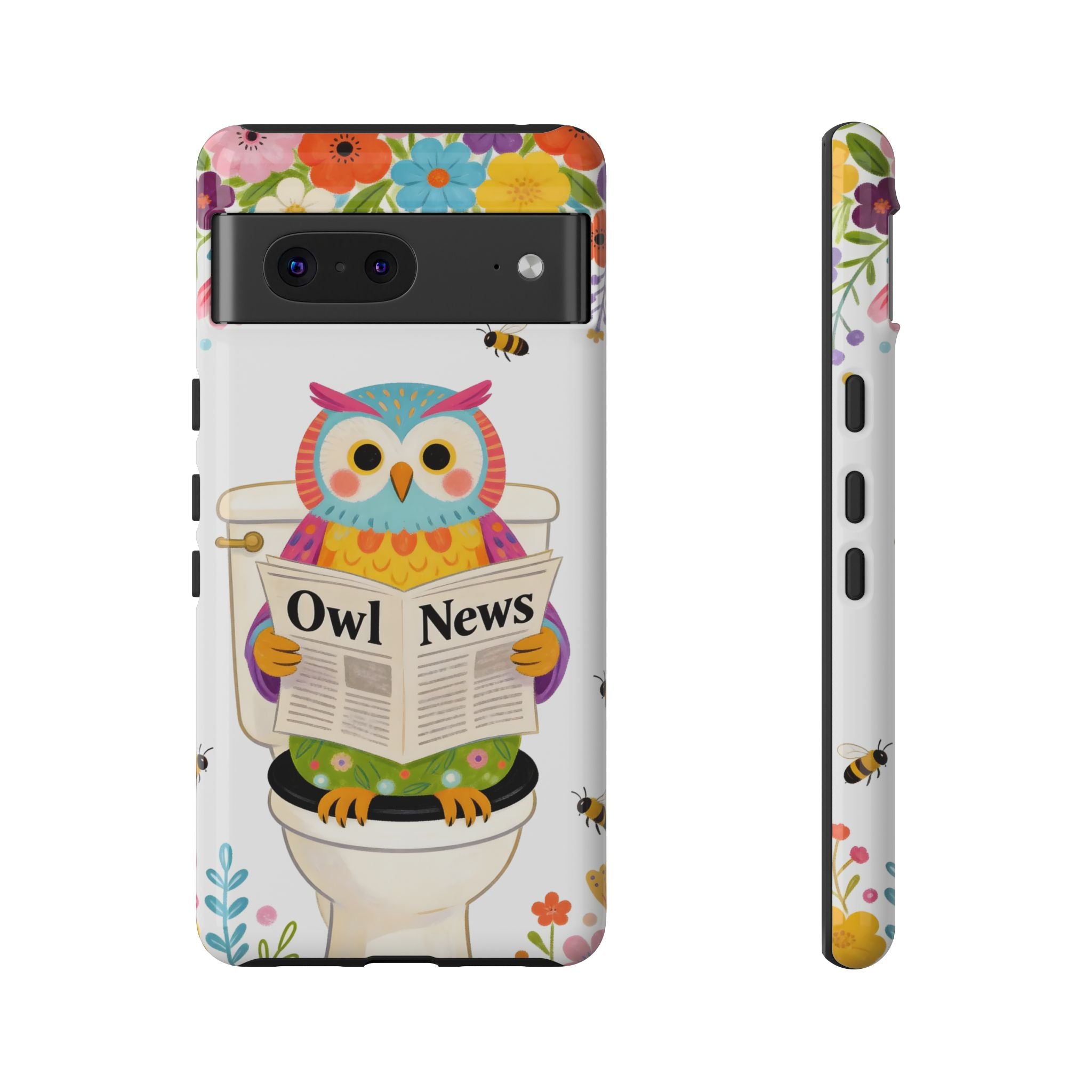 Owl News Floral Google Pixel Phone Case | Cute Owl Reading Newspaper on Toilet