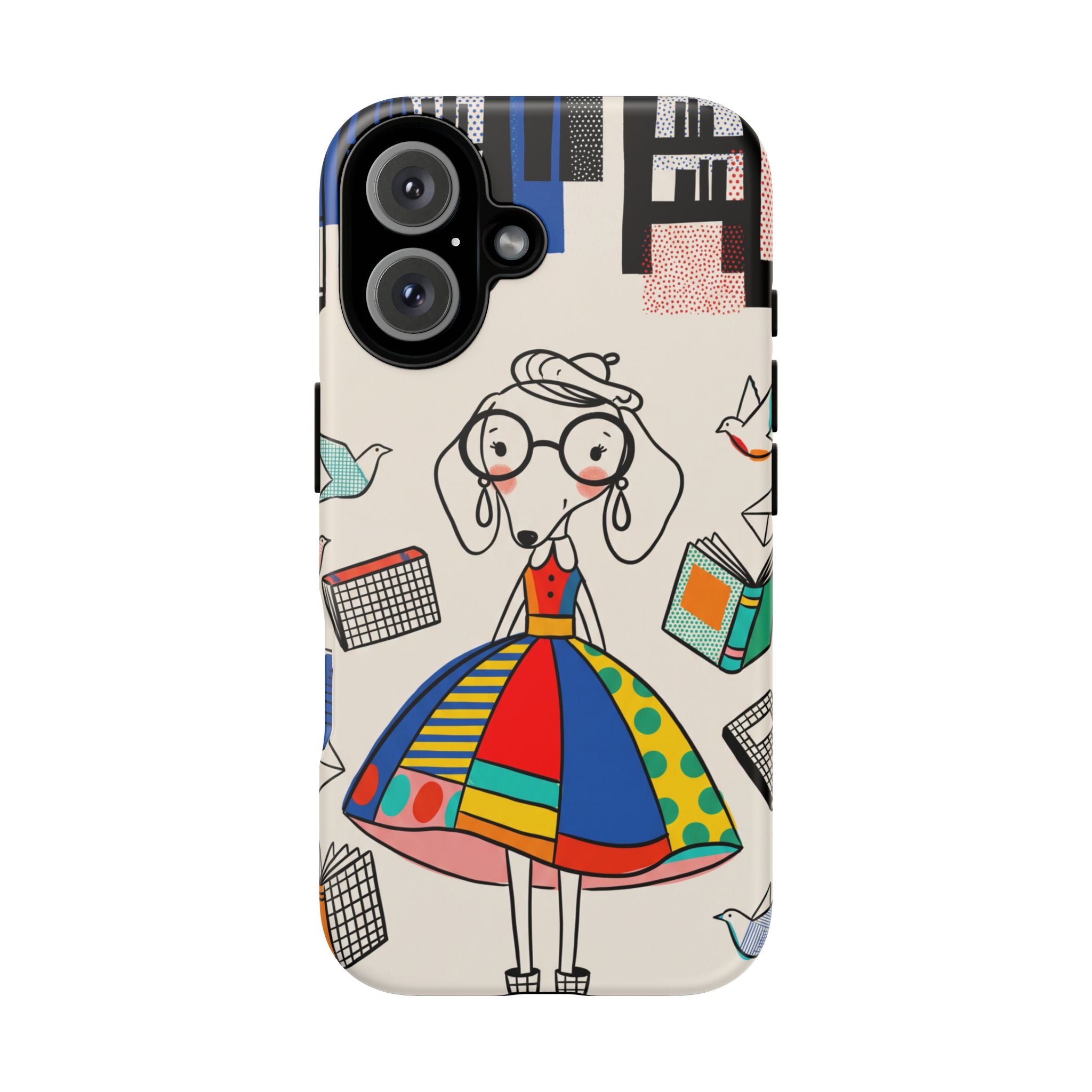 Cute Dachshund Dog Illustration iPhone Case | Colorful Whimsical Book & Bird Design