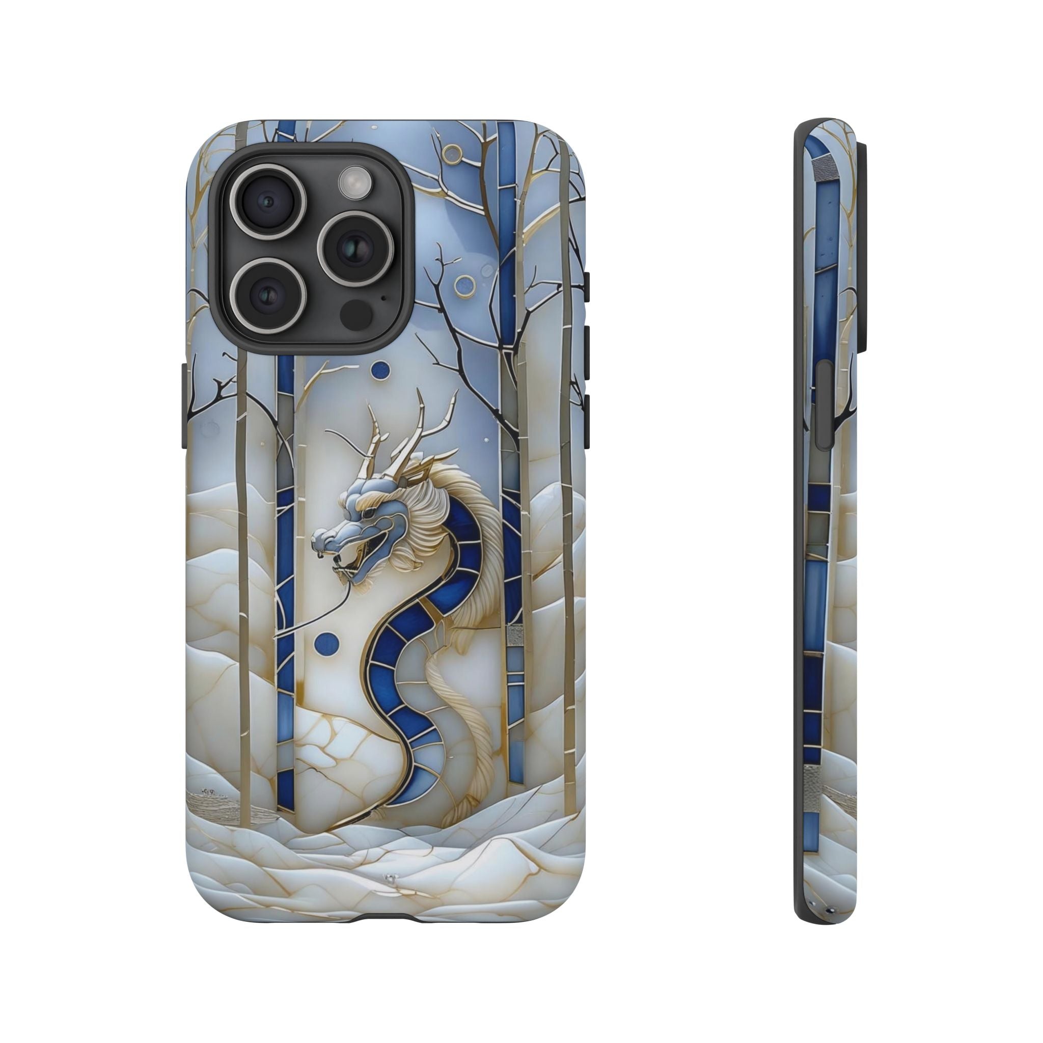 Dragon Stained Glass iPhone Case — Blue Winter Forest Protective Cover