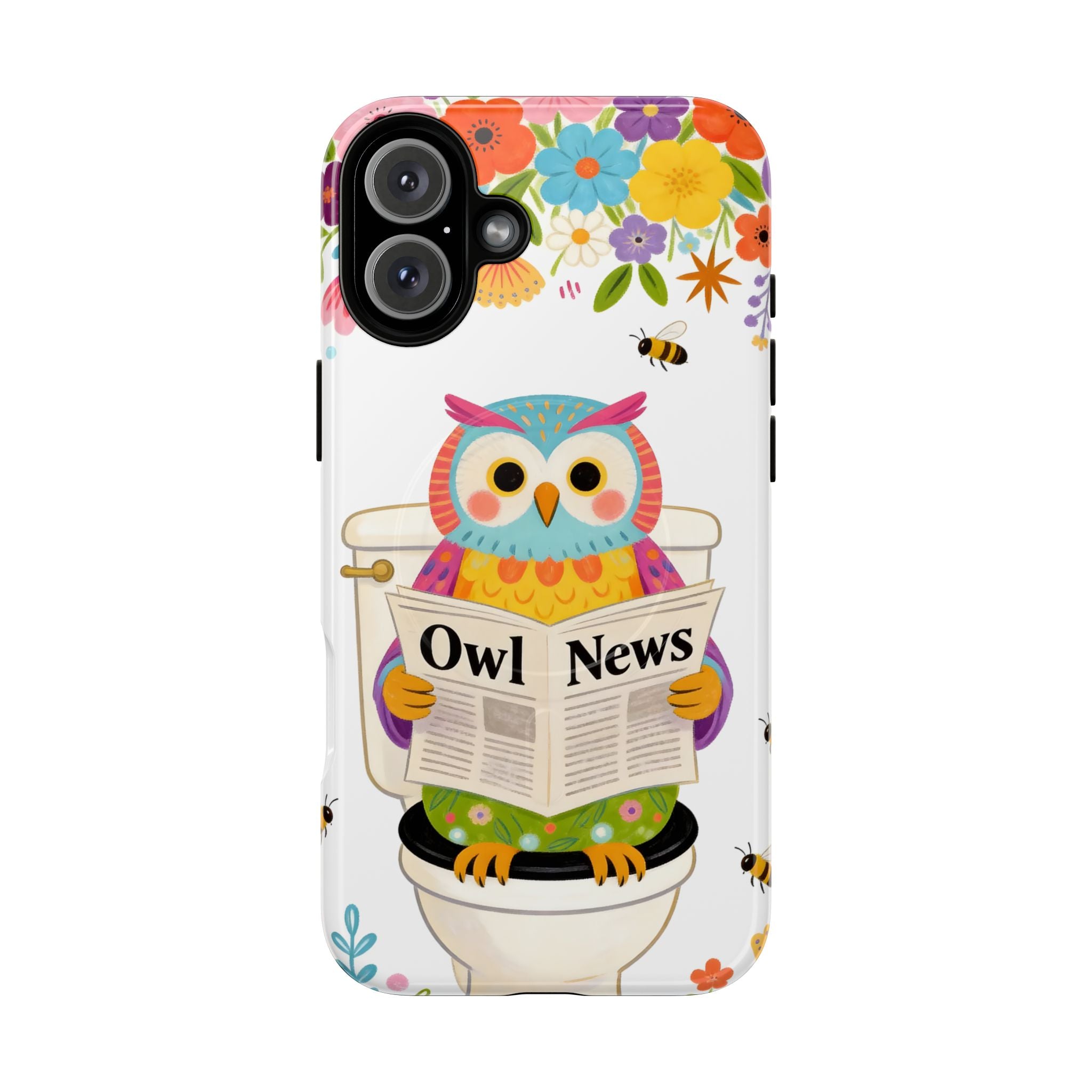 Owl News Floral MagSafe iPhone Case | Cute Owl Reading Newspaper on Toilet