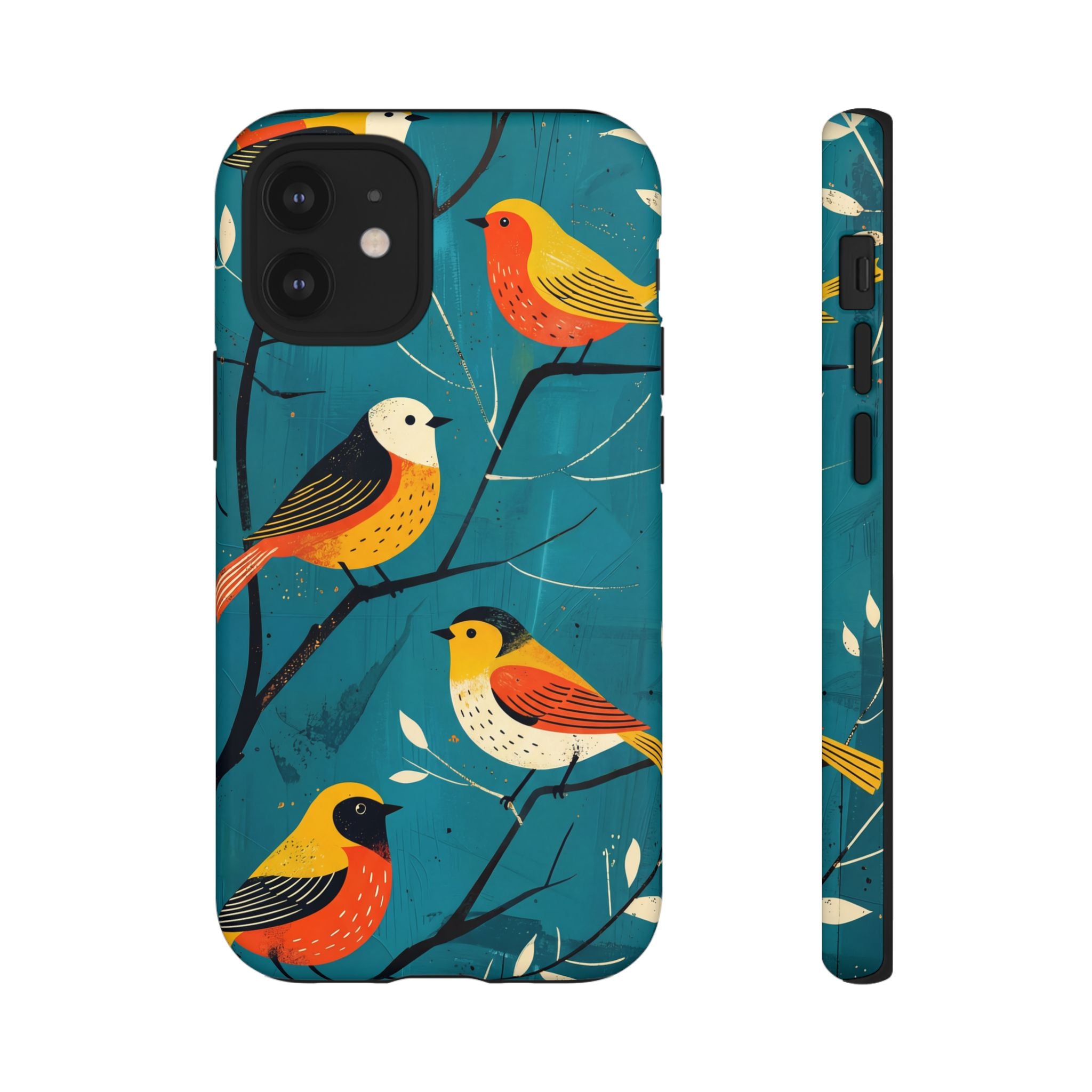 Bird Pattern Tough iPhone Case | Colourful Songbirds on Teal Background