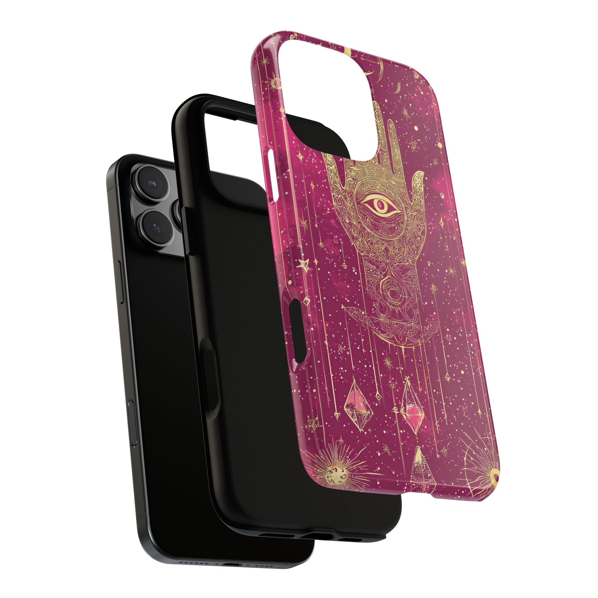 Mystic Hamsa iPhone Case | Gold Palm & All-Seeing Eye on Magenta Galaxy