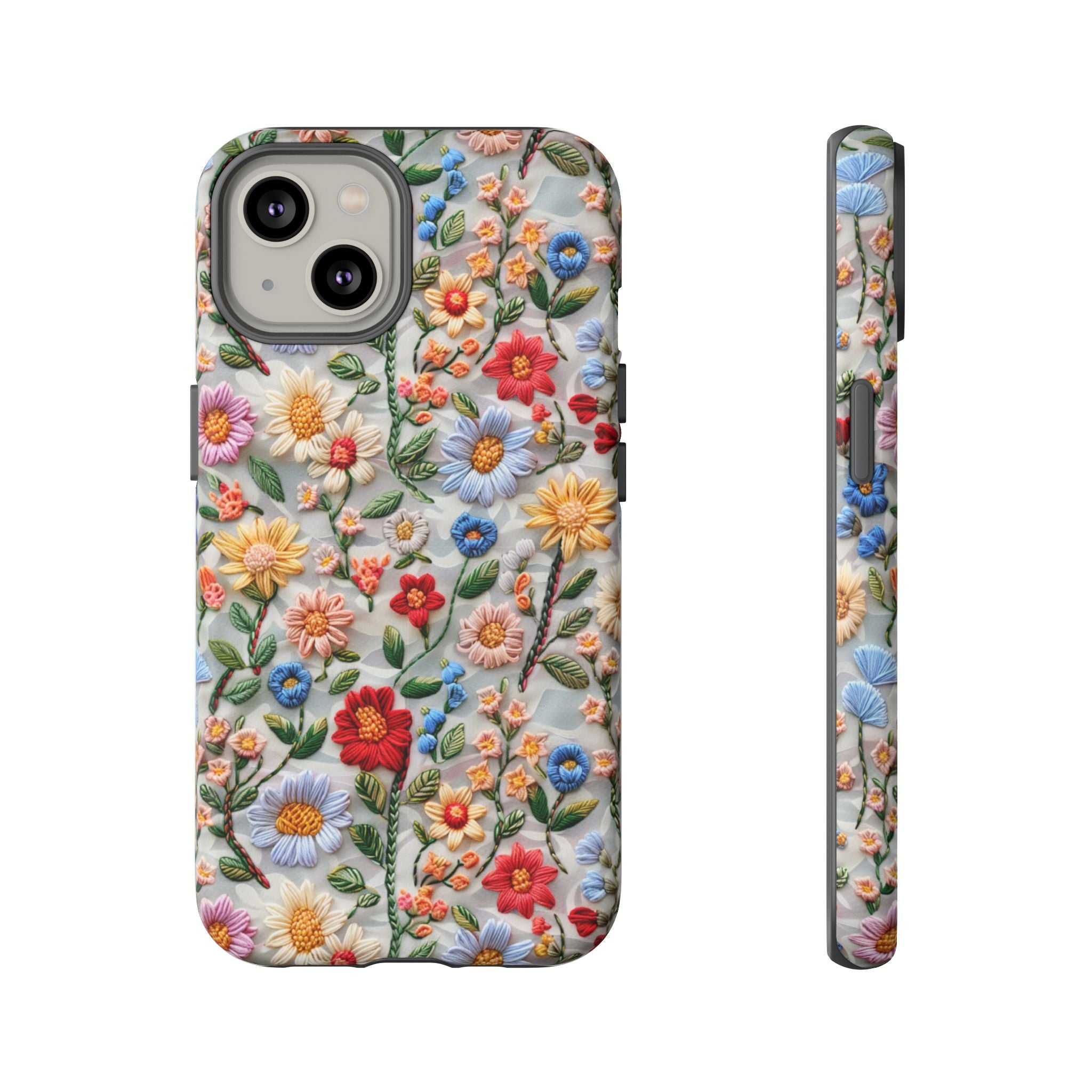 Floral Embroidered Pattern Tough iPhone Case — Colourful Daisy & Wildflower Design