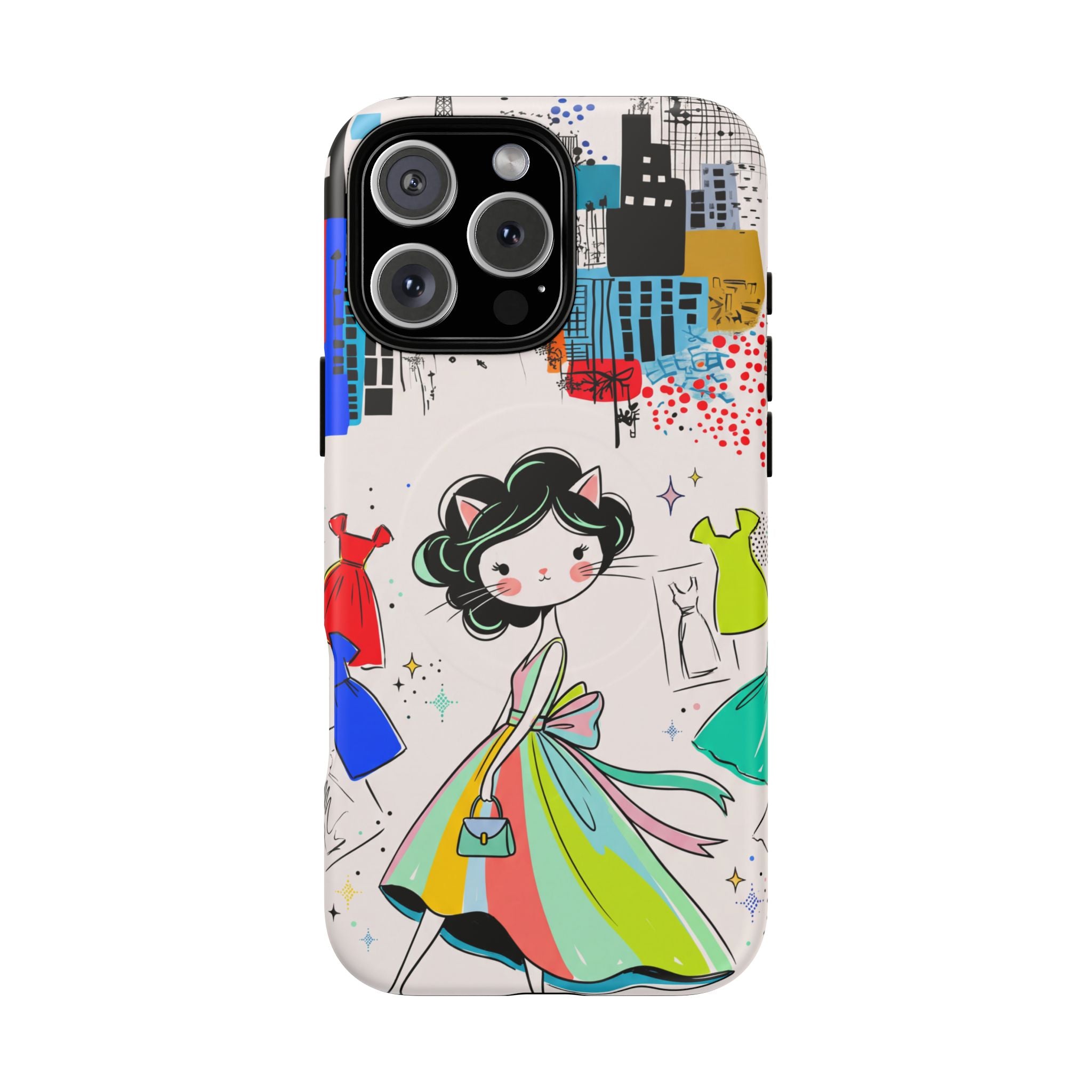 Retro Fashion Cat Girl MagSafe iPhone Case | Cute Dress & City Print