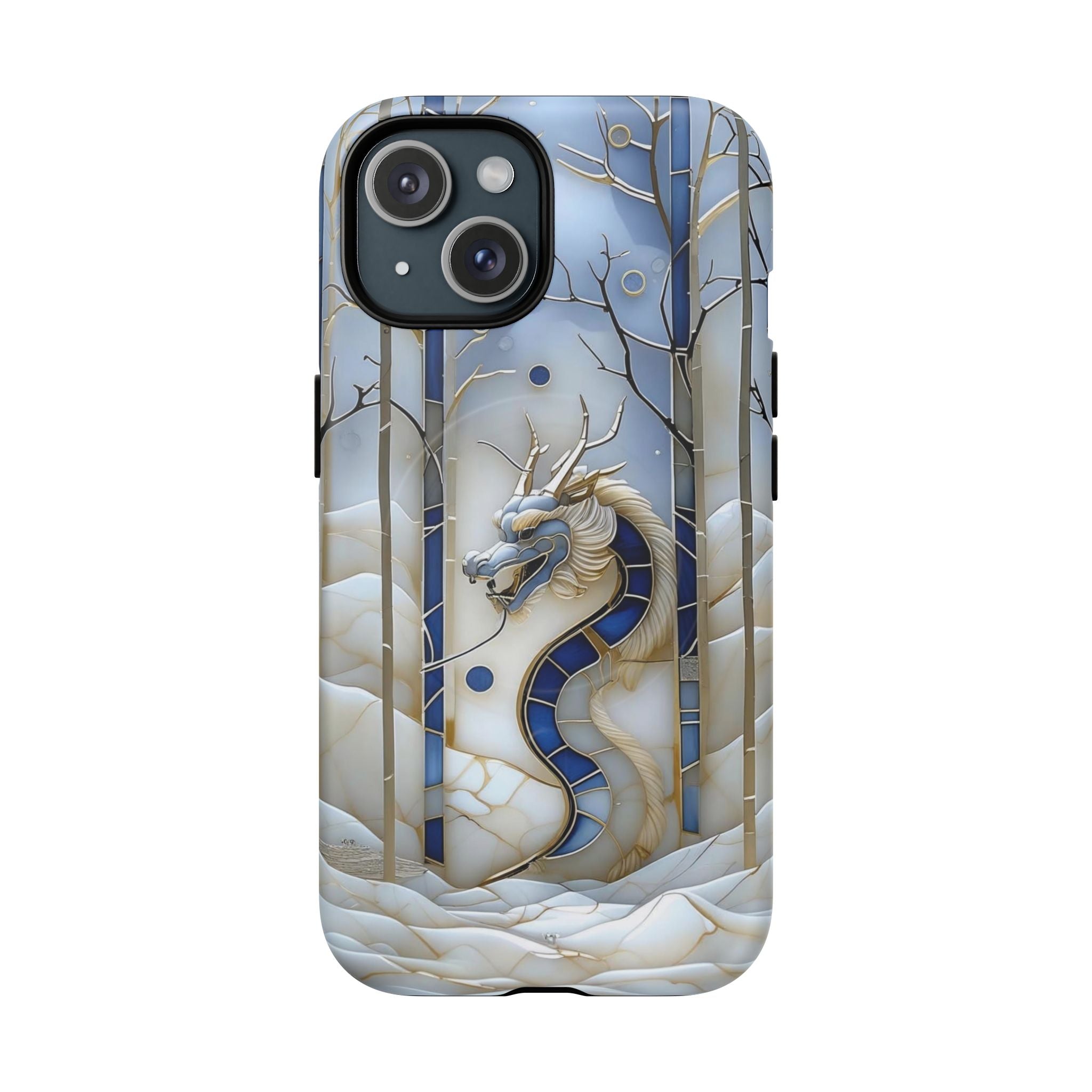 Dragon Stained Glass Tough MagSafe Phone Case — Blue & Ivory Medieval Art