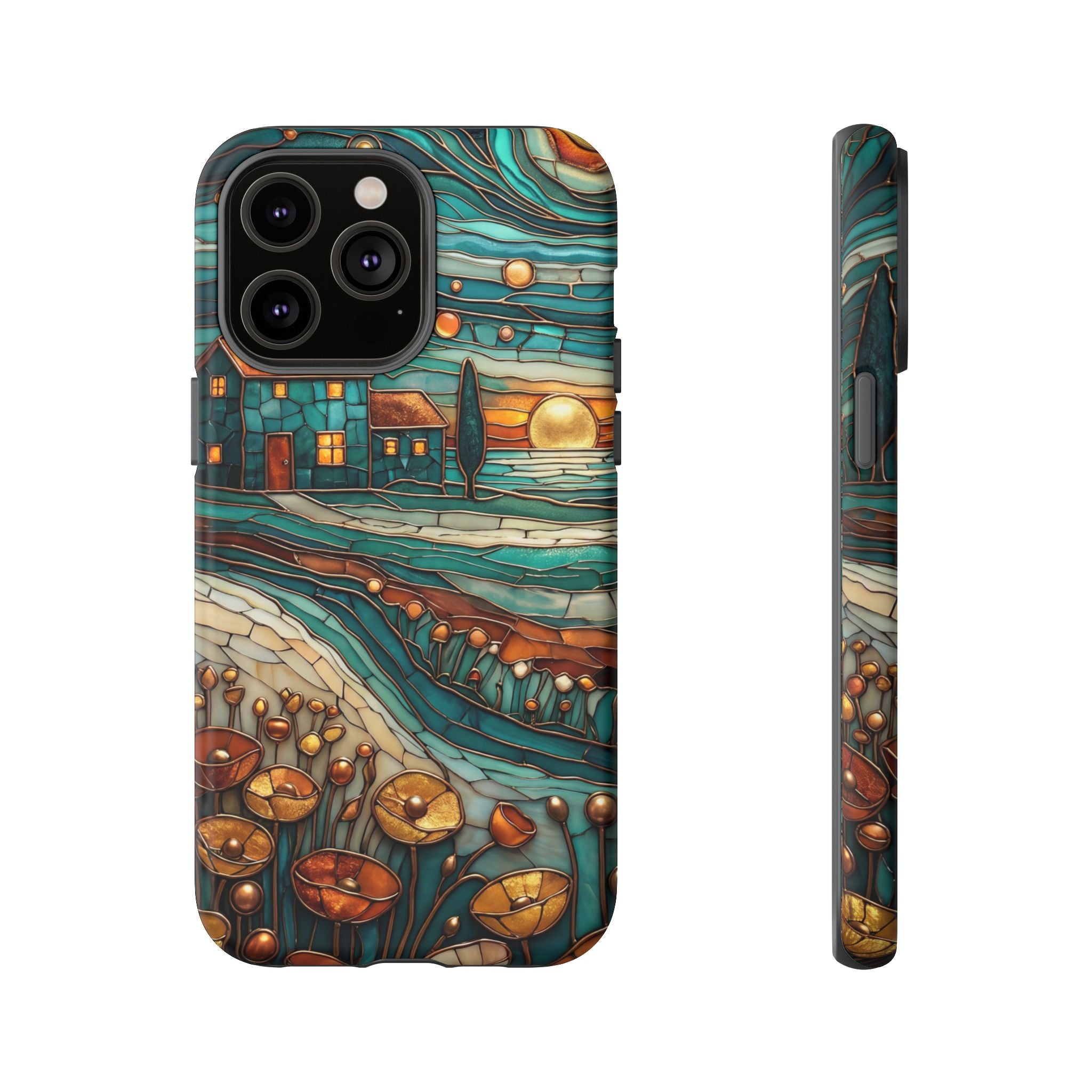 Artistic Sunset Cottage iPhone Case | Whimsical Floral Landscape Protective Cover